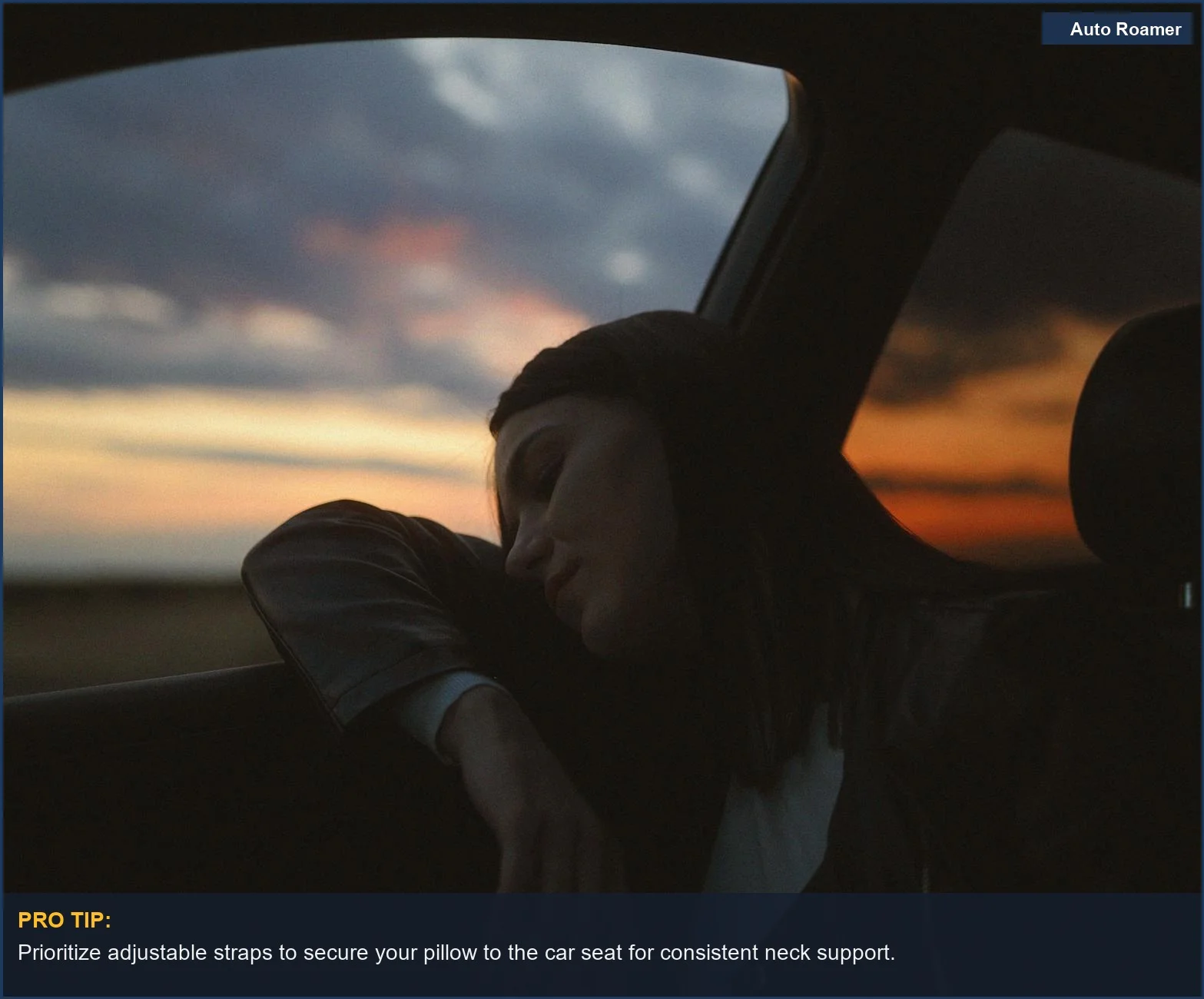 Woman resting in a car, watching a sunset, demonstrating the desire for comfort during travel.
