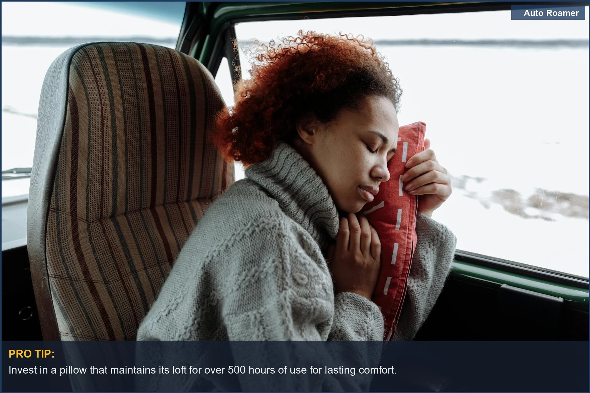 Woman sleeping peacefully in a cozy campervan, emphasizing the importance of car comfort for road trips.