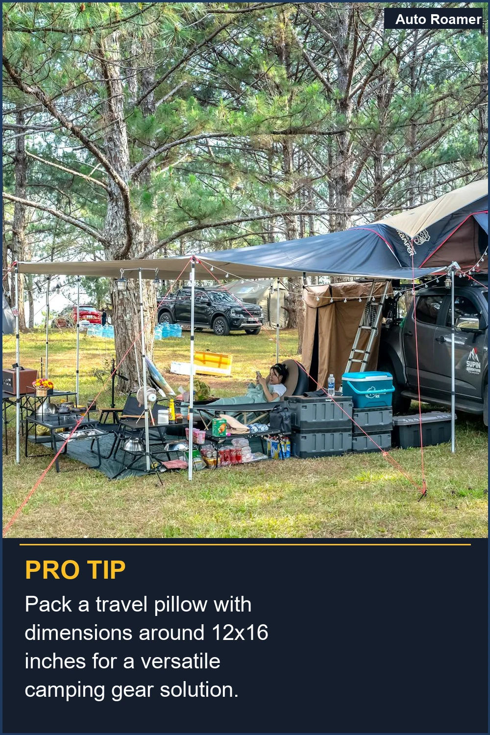 Pack a travel pillow with dimensions around 12x16 inches for a versatile camping gear solution.