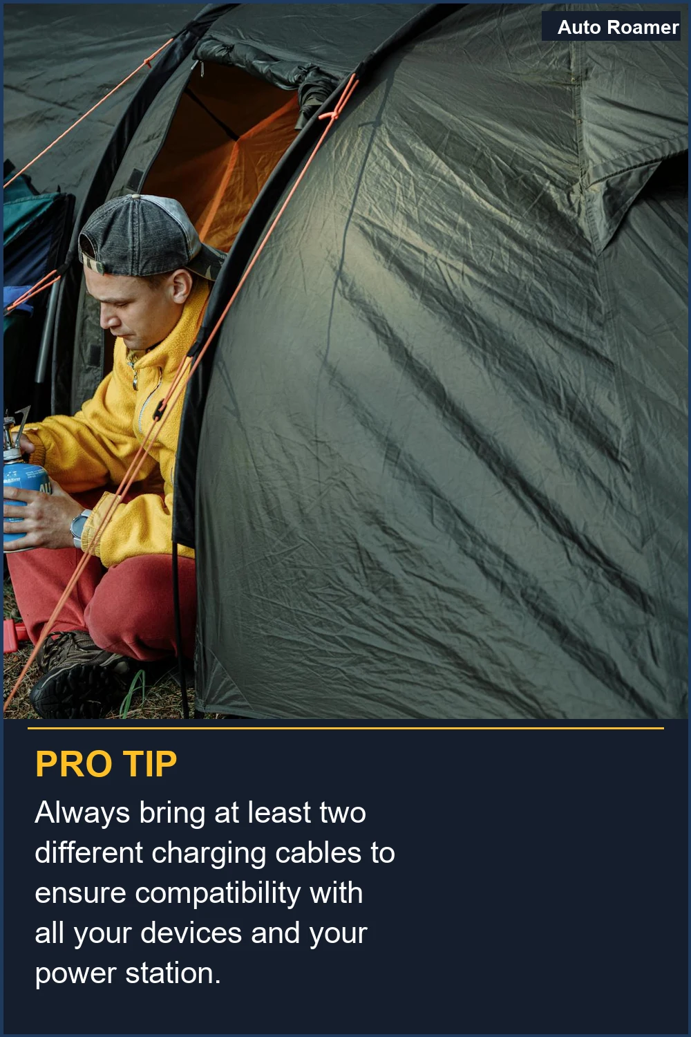 Always bring at least two different charging cables to ensure compatibility with all your devices and your power station.