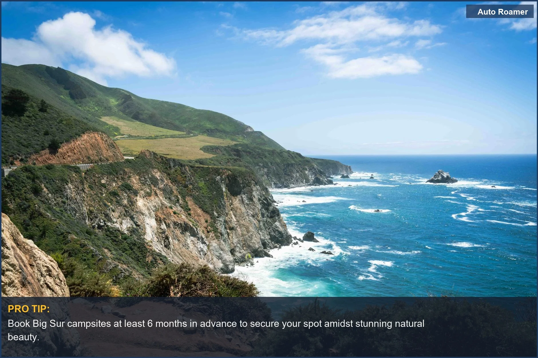 Rugged Big Sur cliffs and ocean vistas during a scenic Pacific Coast Highway car camping road trip.