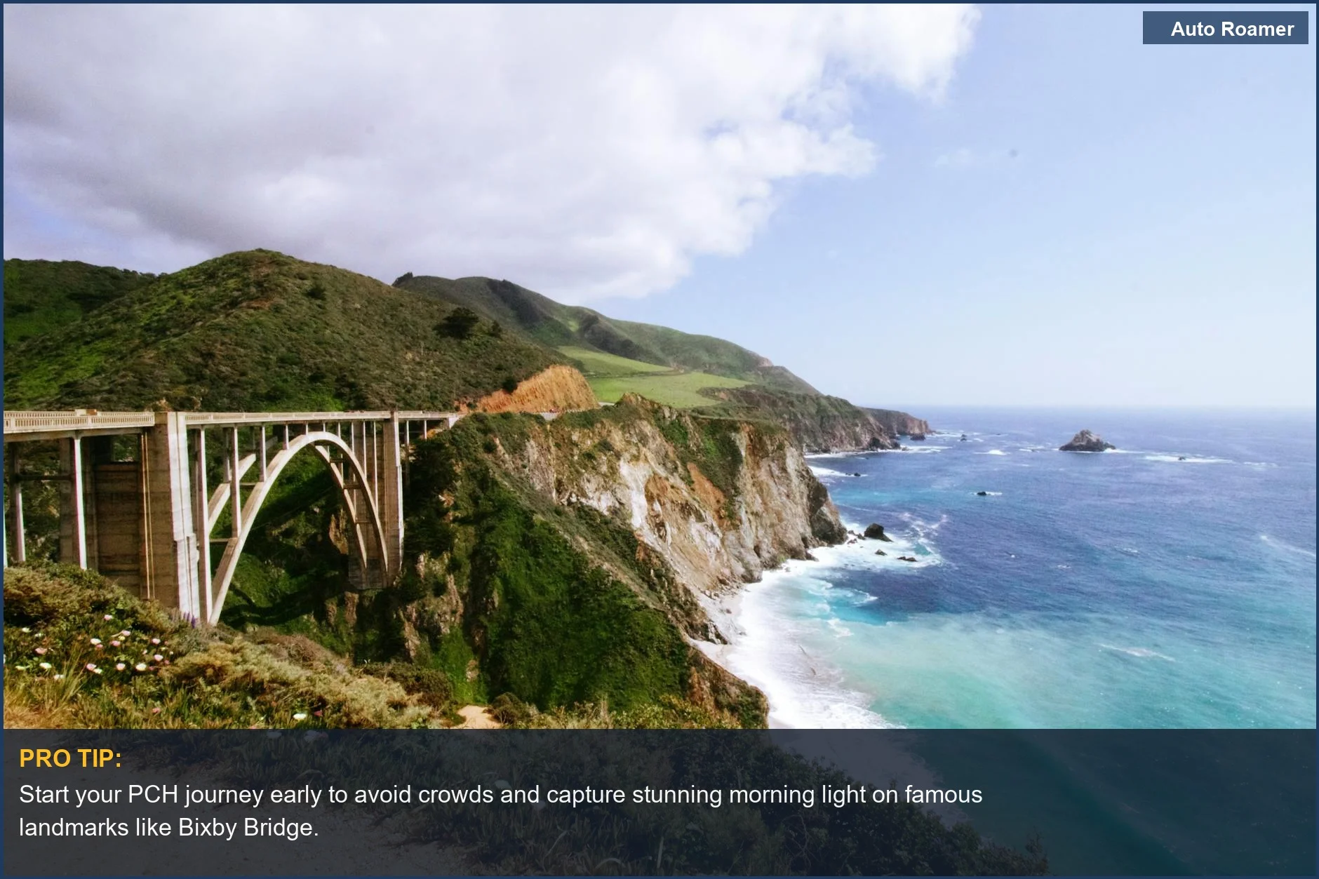 Iconic Bixby Creek Bridge on a Pacific Coast Highway car camping road trip itinerary in California.