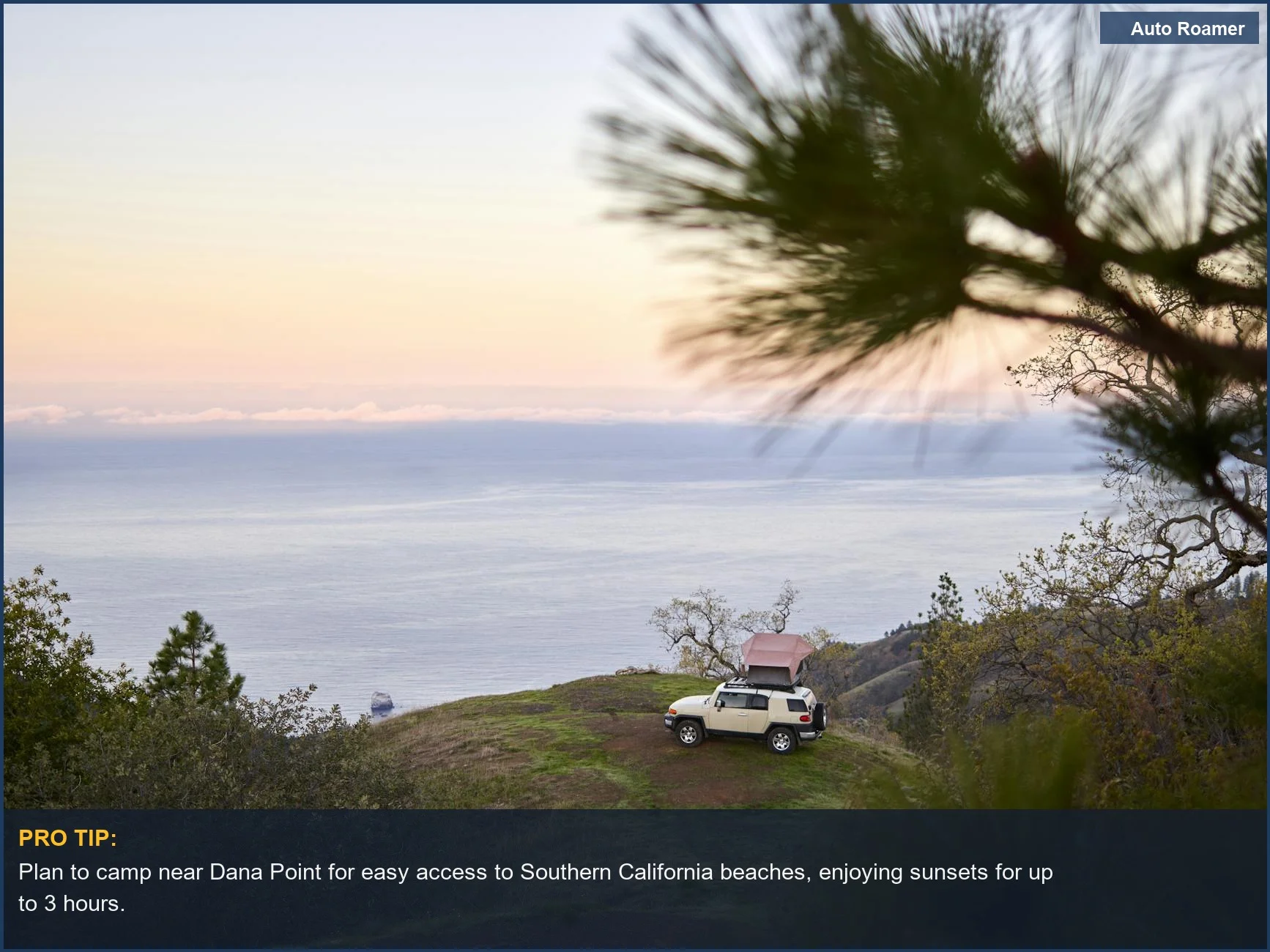 SUV parked cliffside overlooking ocean sunset, ideal for your car camping road trip Pacific Coast Highway.