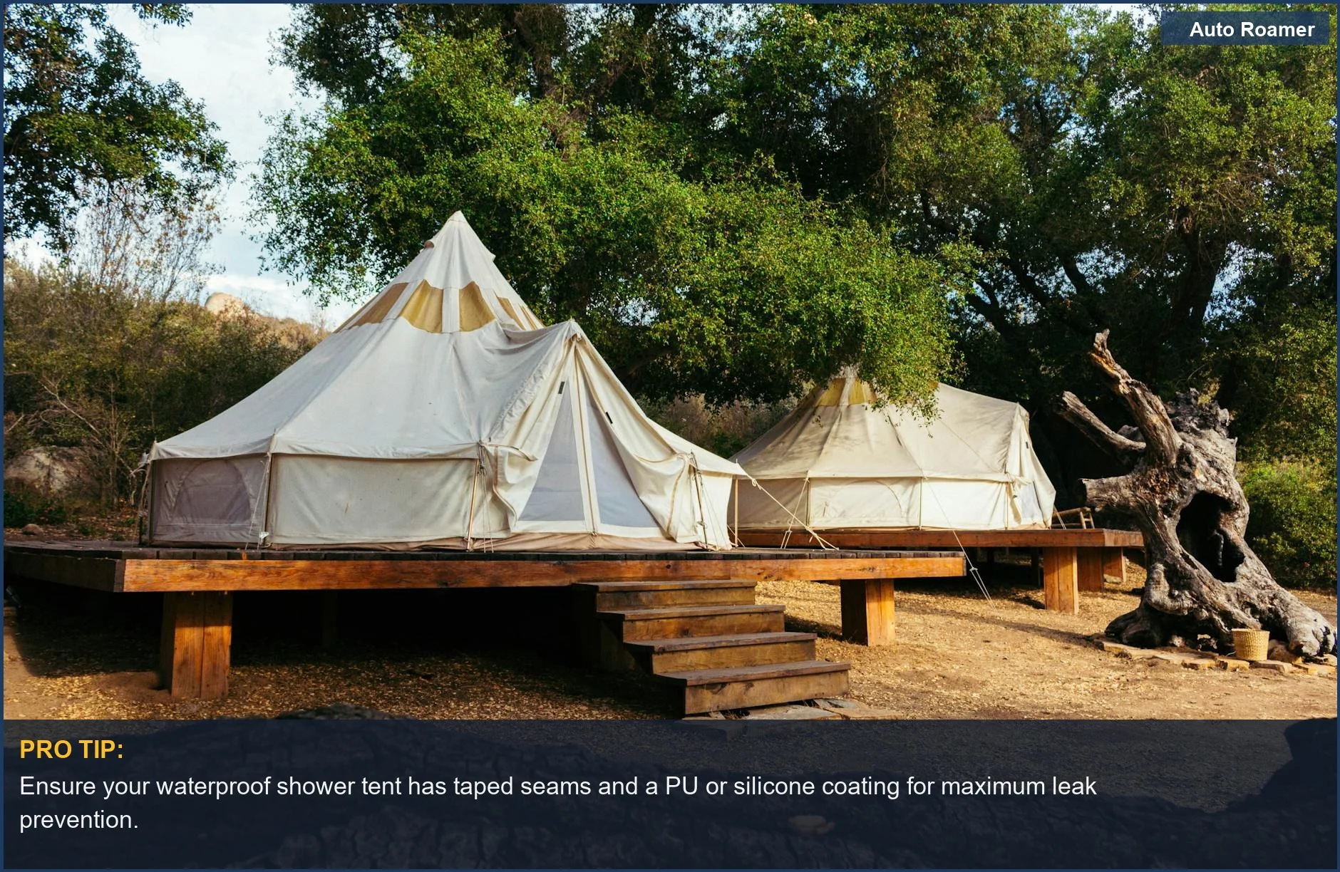 Two spacious canvas tents on a wooden platform, showcasing the potential of waterproof shower tent setups.