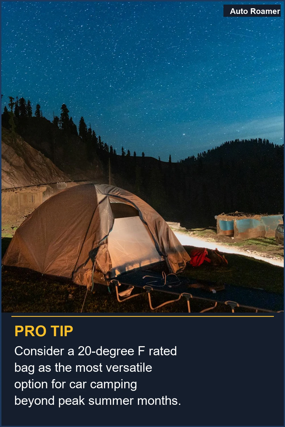 Consider a 20-degree F rated bag as the most versatile option for car camping beyond peak summer months.