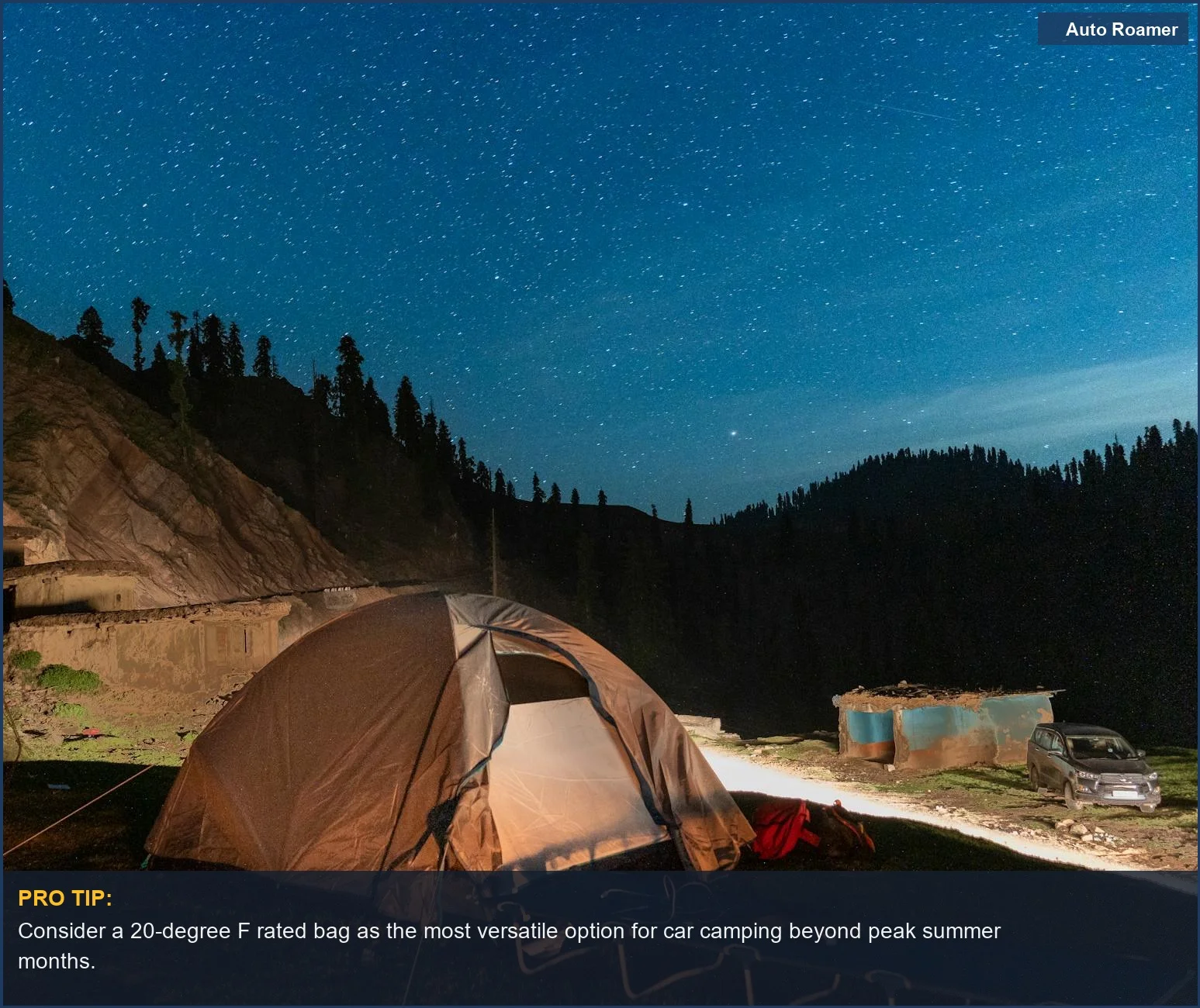 Camping under a starry sky with a lit tent, emphasizing the importance of the right sleeping bag rating for cool nights.