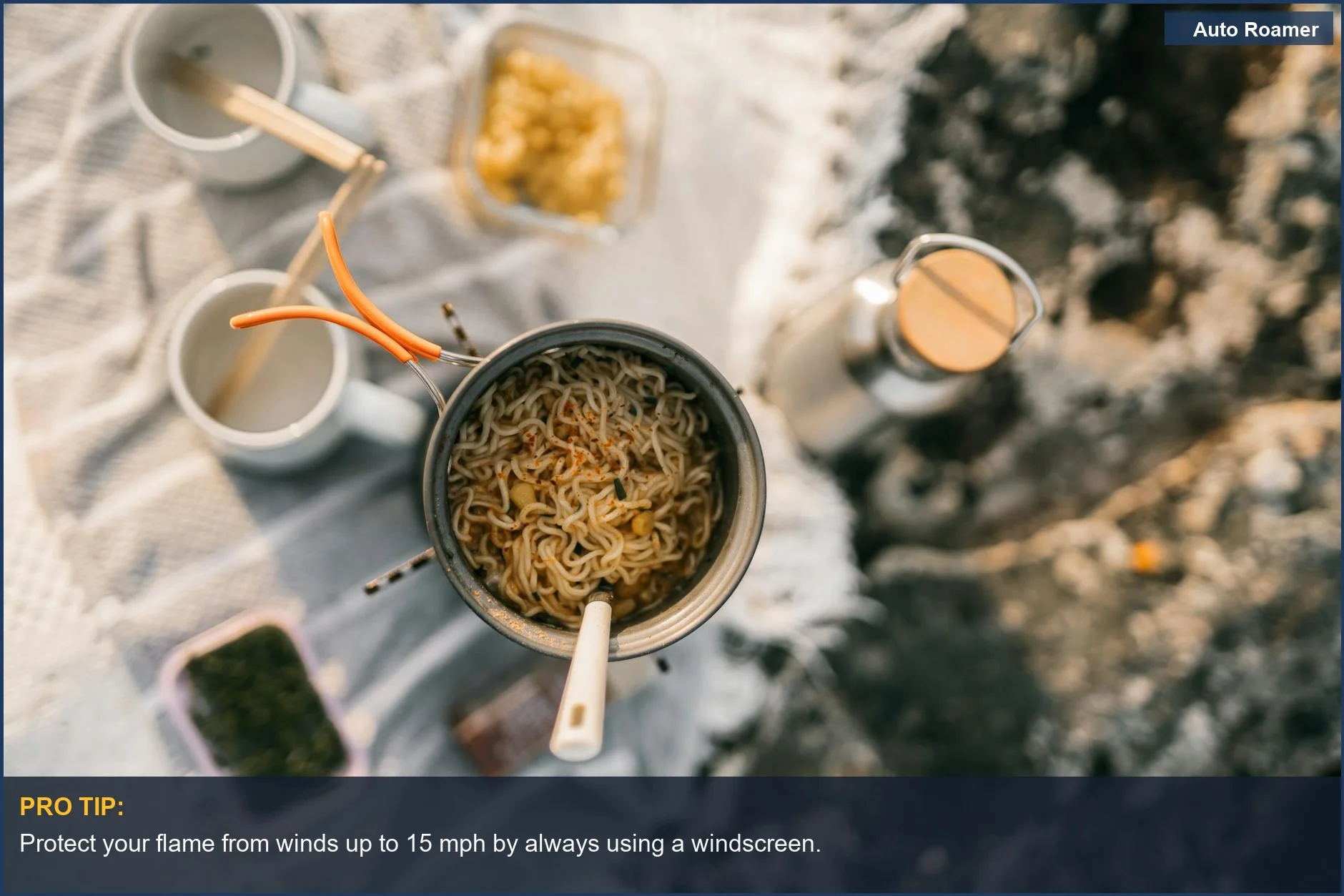 Beginner car camping stove accessories including instant noodles and a windscreen for windy conditions.