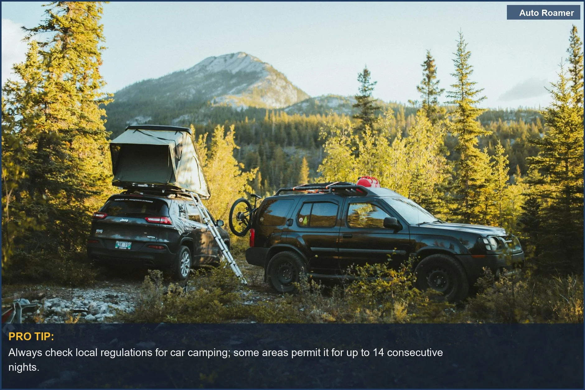 Wilderness exploration with SUVs and rooftop tents in the majestic Canadian Rockies.