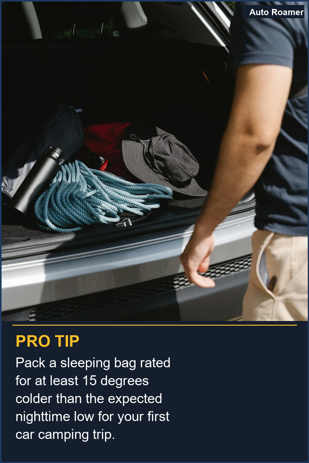 Pack a sleeping bag rated for at least 15 degrees colder than the expected nighttime low for your first car camping trip.