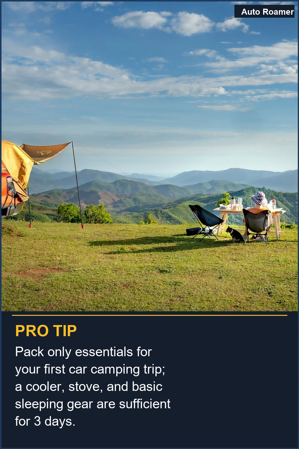 Pack only essentials for your first car camping trip; a cooler, stove, and basic sleeping gear are sufficient for 3 days.