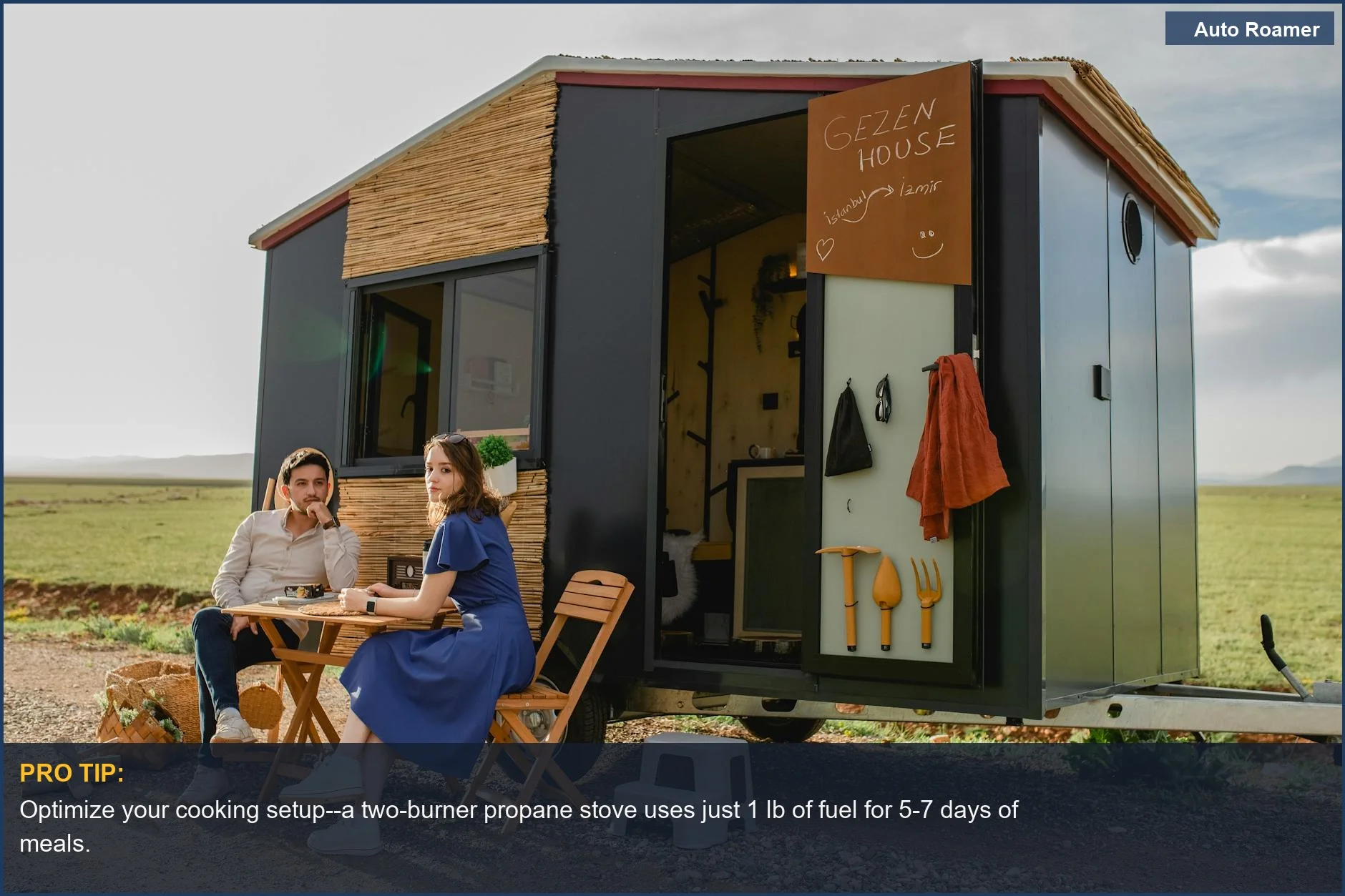 Relaxing couple enjoying outdoor leisure near a tiny house, demonstrating comfortable electricity-free car camping strategies.