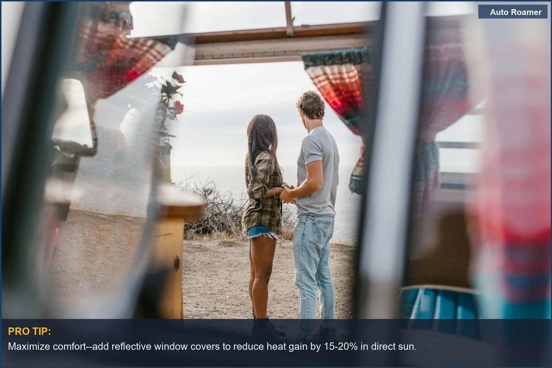 Happy couple enjoying a scenic ocean view beside their camper van, perfect for off-grid car camping adventures.