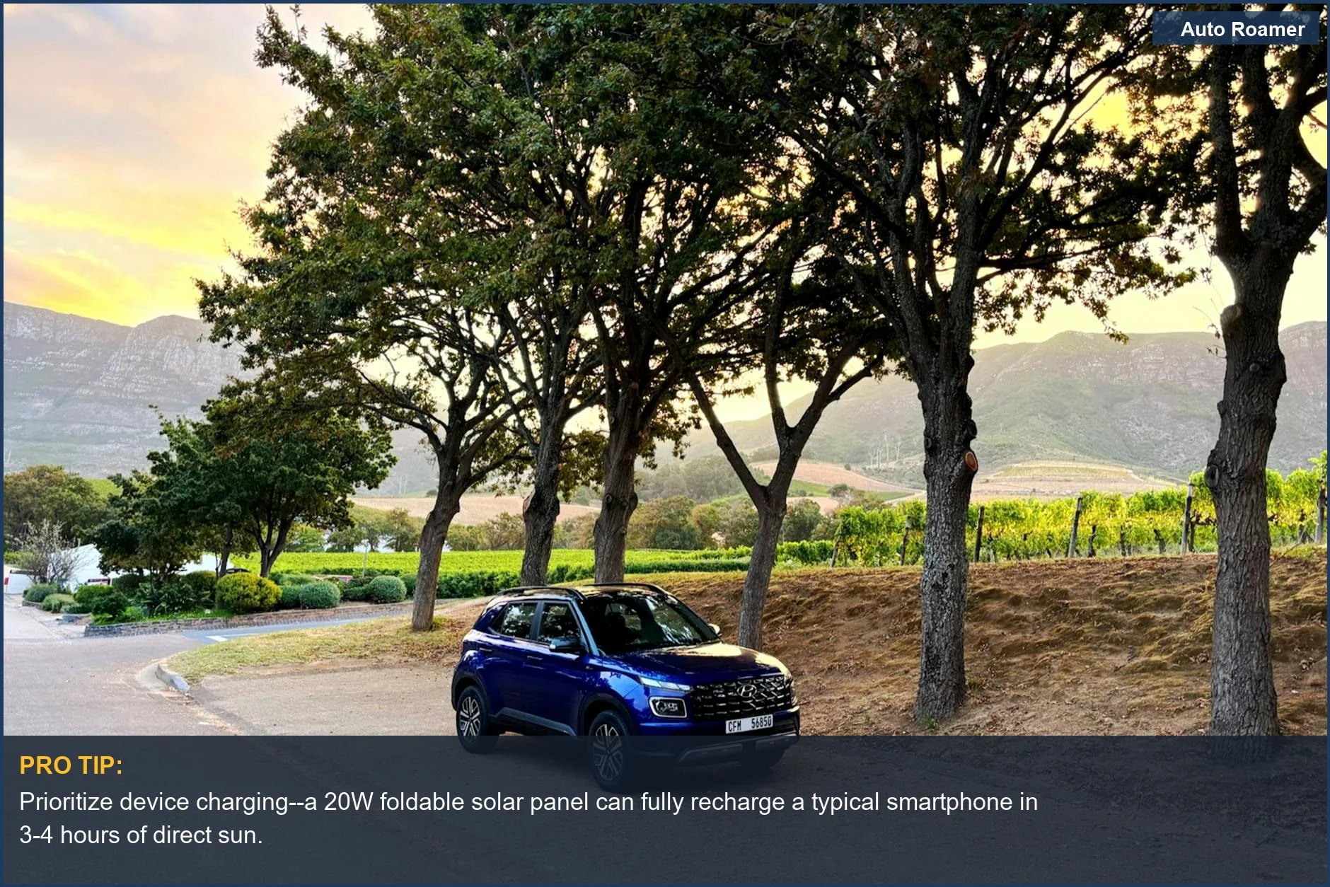 Hyundai Venue parked under trees at sunset in a vineyard--perfect scenery for successful no electricity car camping.