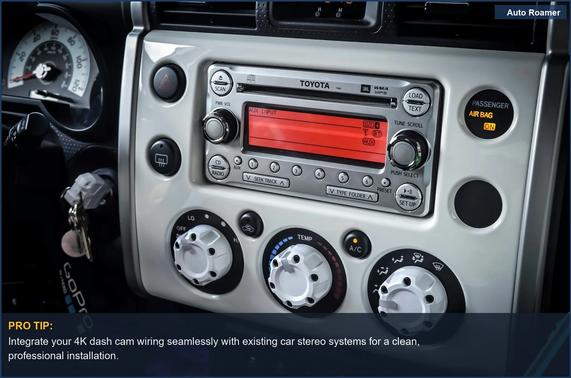 Detailed car dashboard view featuring a stereo system and control panel, ideal for 4K dash camera installation.
