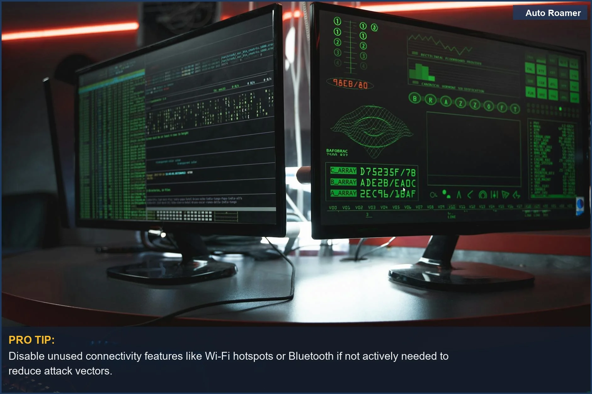 Primer plano de monitores de ordenador mostrando código verde, visualizando los riesgos del hackeo de coches conectados.