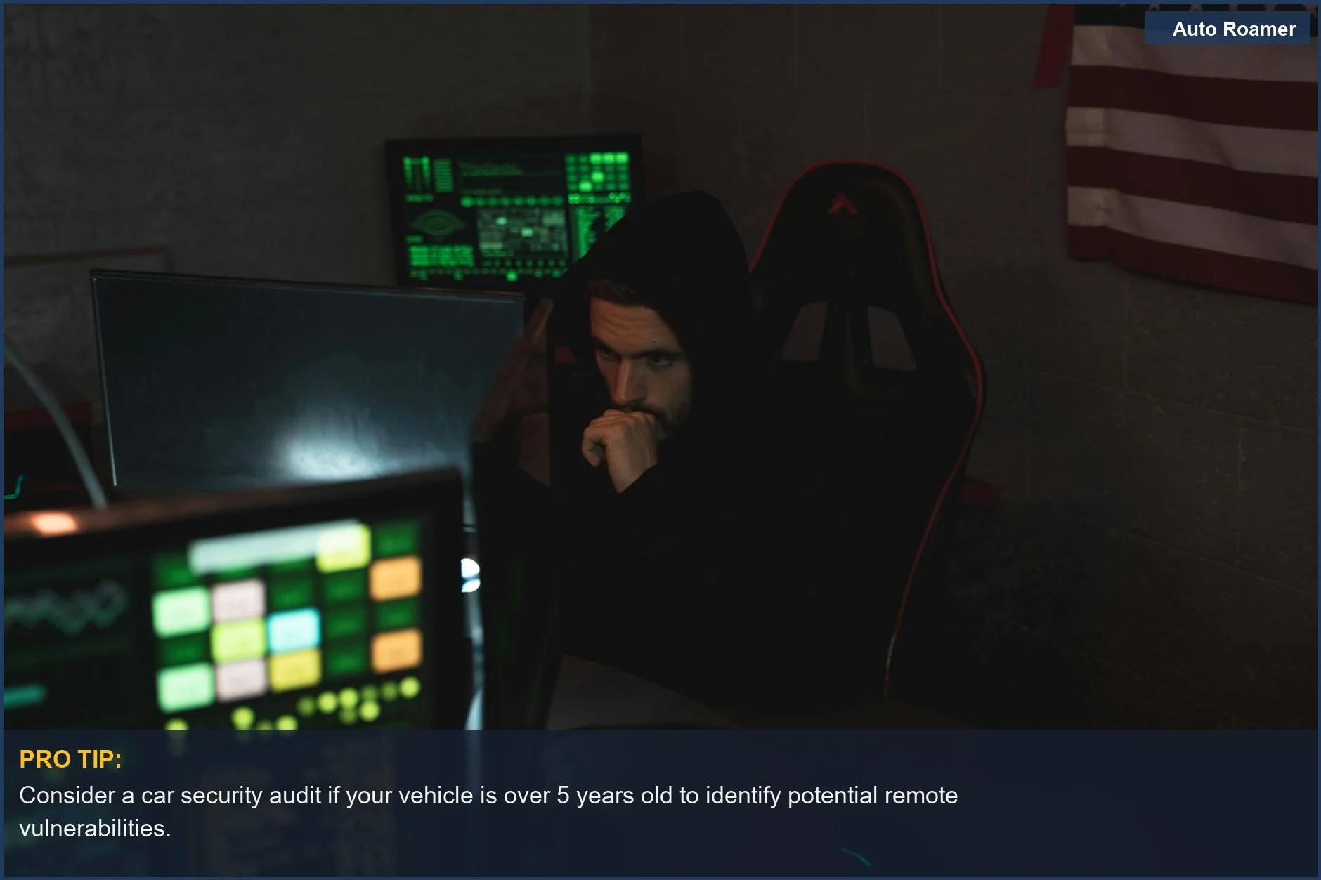 Cybersecurity expert monitors multiple screens, visualizing data protection against remote vehicle hacking threats.