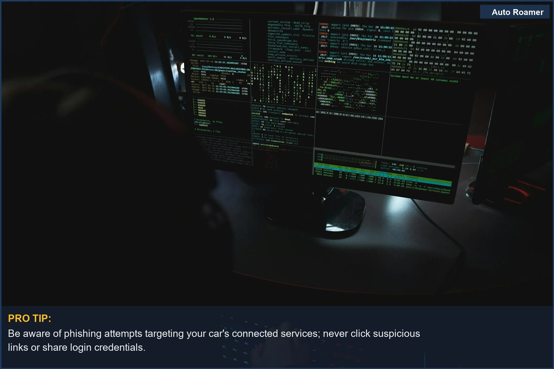 Habitación oscura con código en monitores de PC, demostrando un escenario de hackear coche a distancia y sus implicaciones.