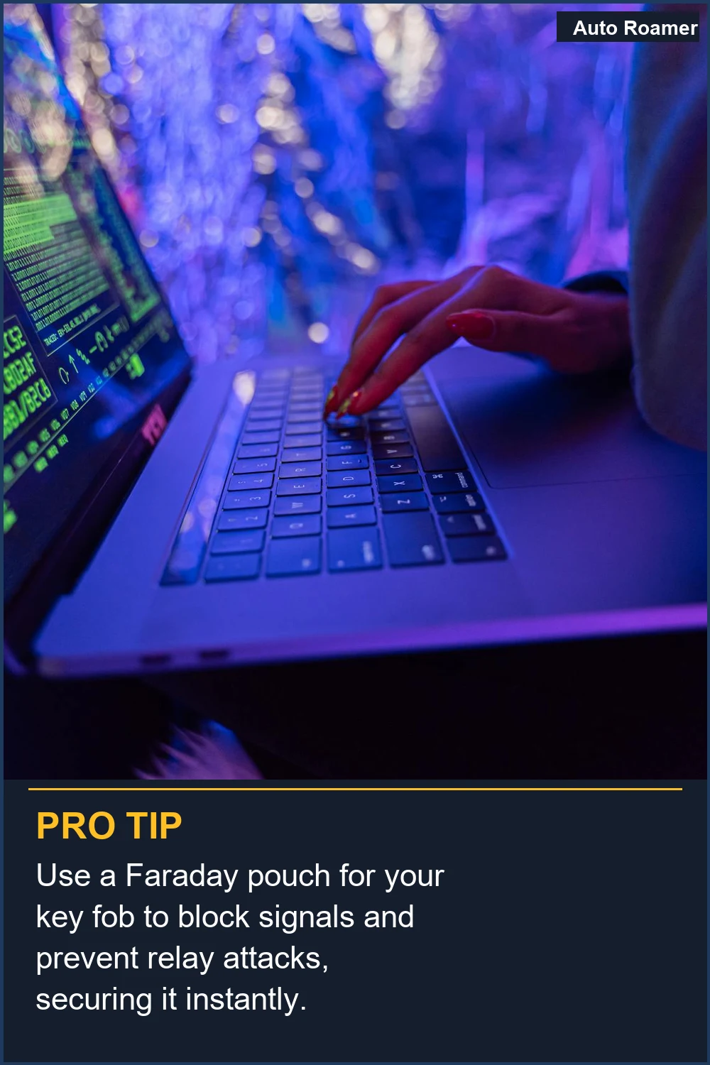 Use a Faraday pouch for your key fob to block signals and prevent relay attacks, securing it instantly.