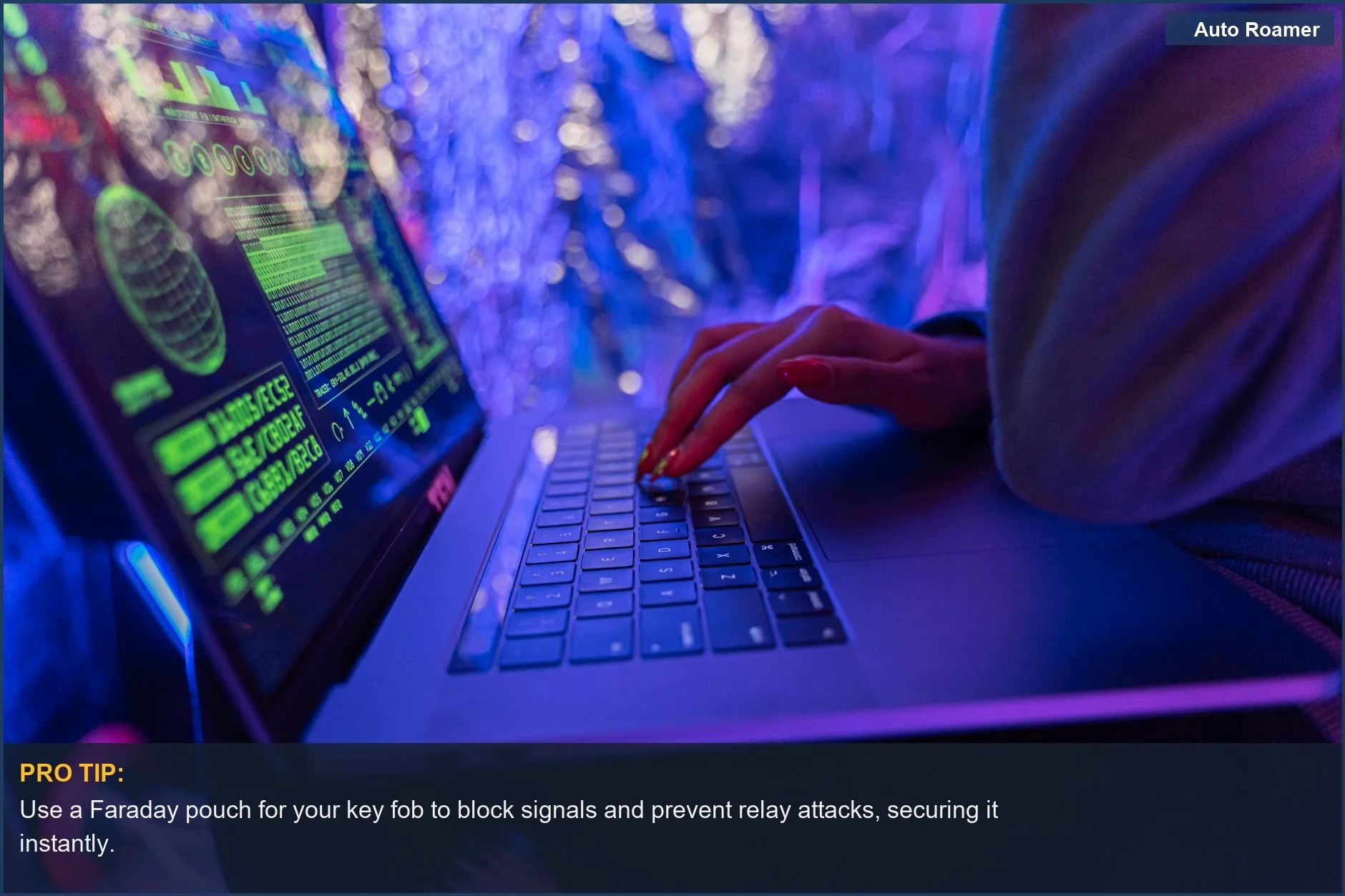 Hands typing on a laptop screen with cybersecurity graphics, demonstrating protection against car hack remote threats.
