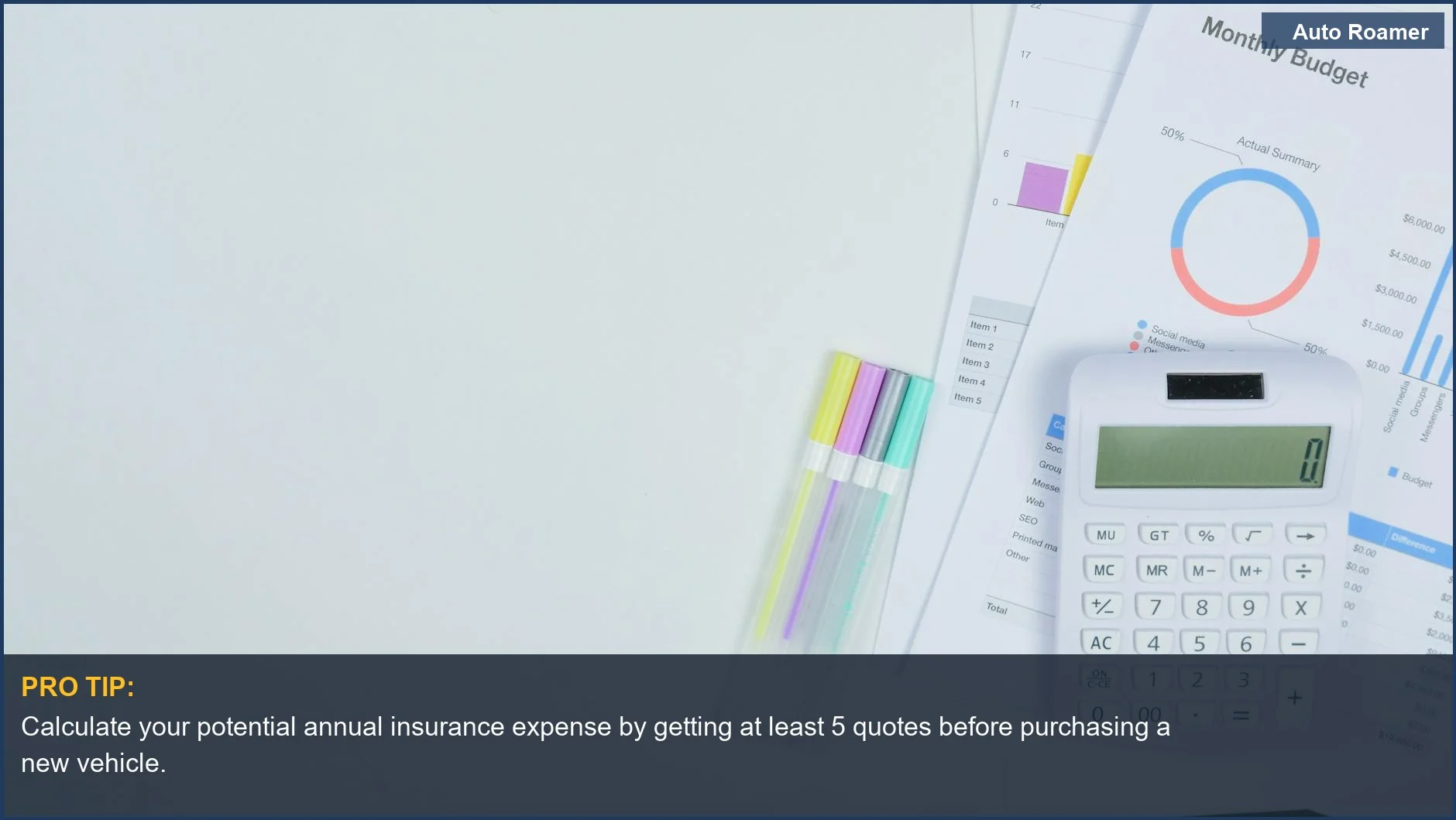 Escritorio de oficina con calculadora y documentos de presupuesto, ilustrando los costes del seguro de coche y la planificación financiera.