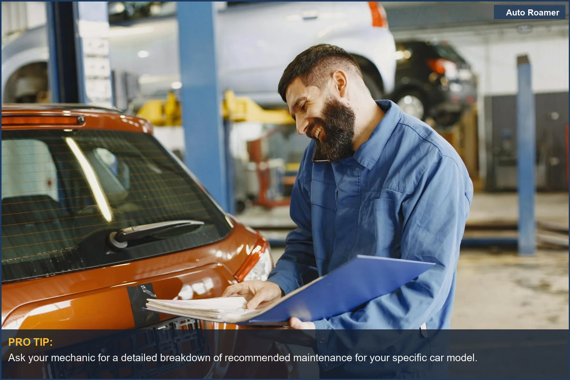 Smiling auto mechanic with documents reviews a car, emphasizing how brand impacts vehicle upkeep expenses.