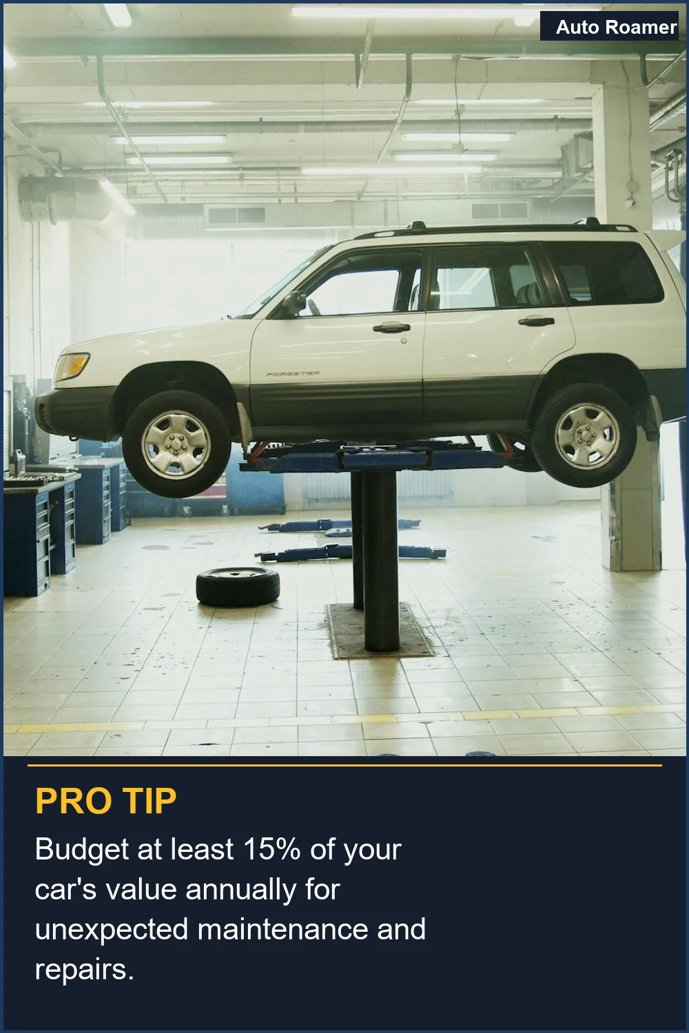 Budget at least 15% of your car's value annually for unexpected maintenance and repairs.