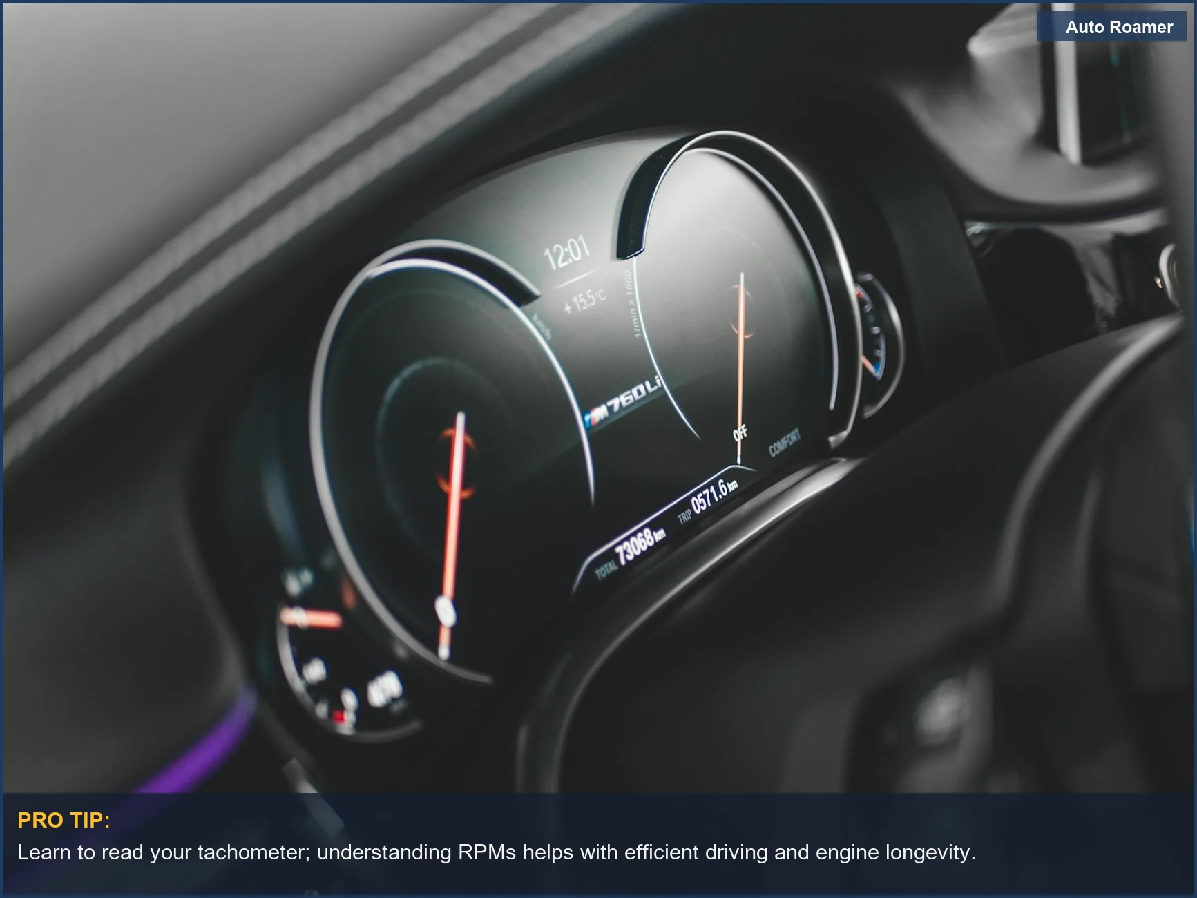 Sleek digital car dashboard with speedometer and tachometer for basic car maintenance awareness.