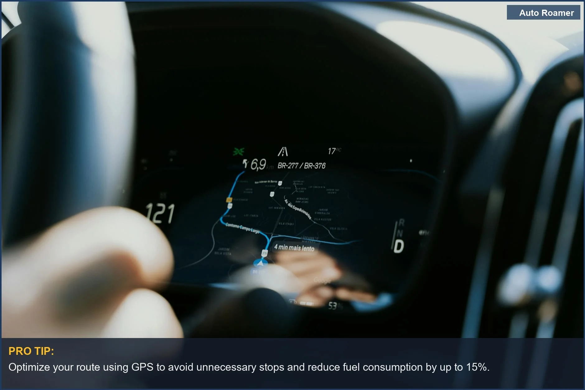 Close-up of car dashboard GPS, illustrating fuel efficiency tips for drivers.