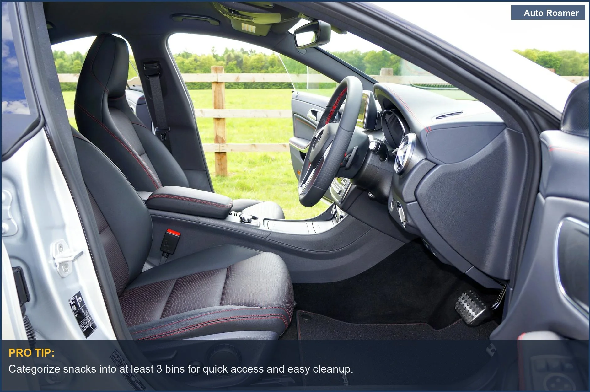 Organized car snack organizer with drinks and snacks neatly arranged for a road trip.