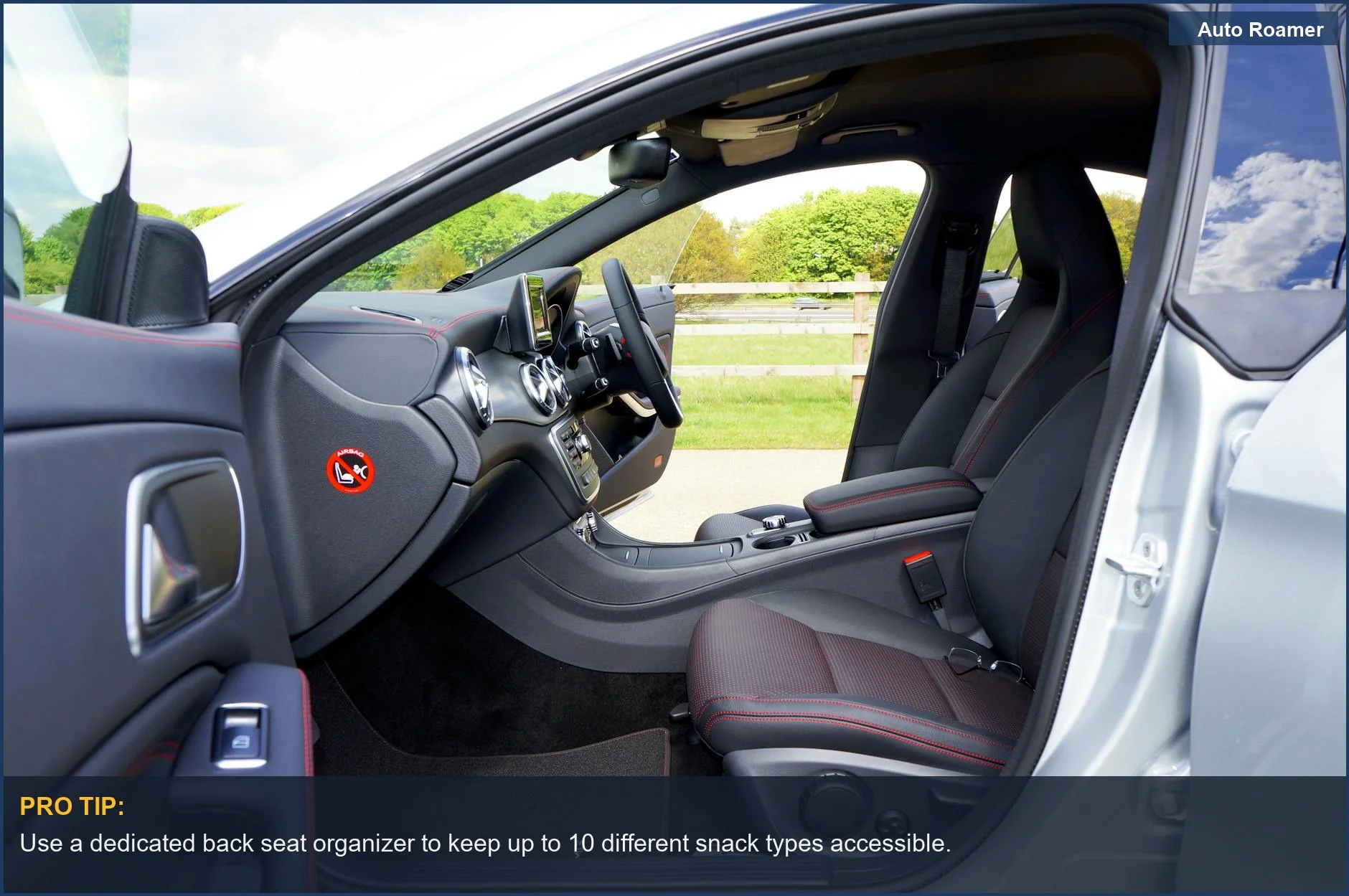 Kid-friendly car organization featuring a back seat organizer filled with snacks and drinks.
