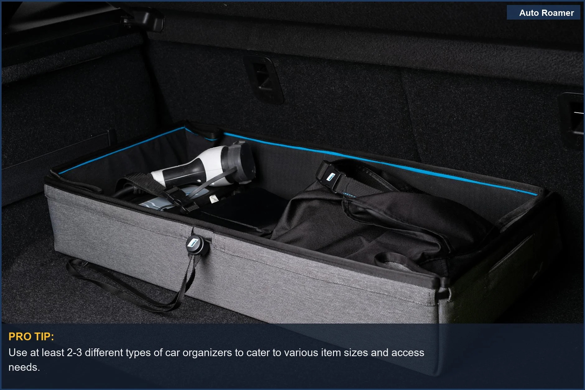 Neatly arranged car trunk with a storage box and travel essentials, demonstrating smart road trip storage.