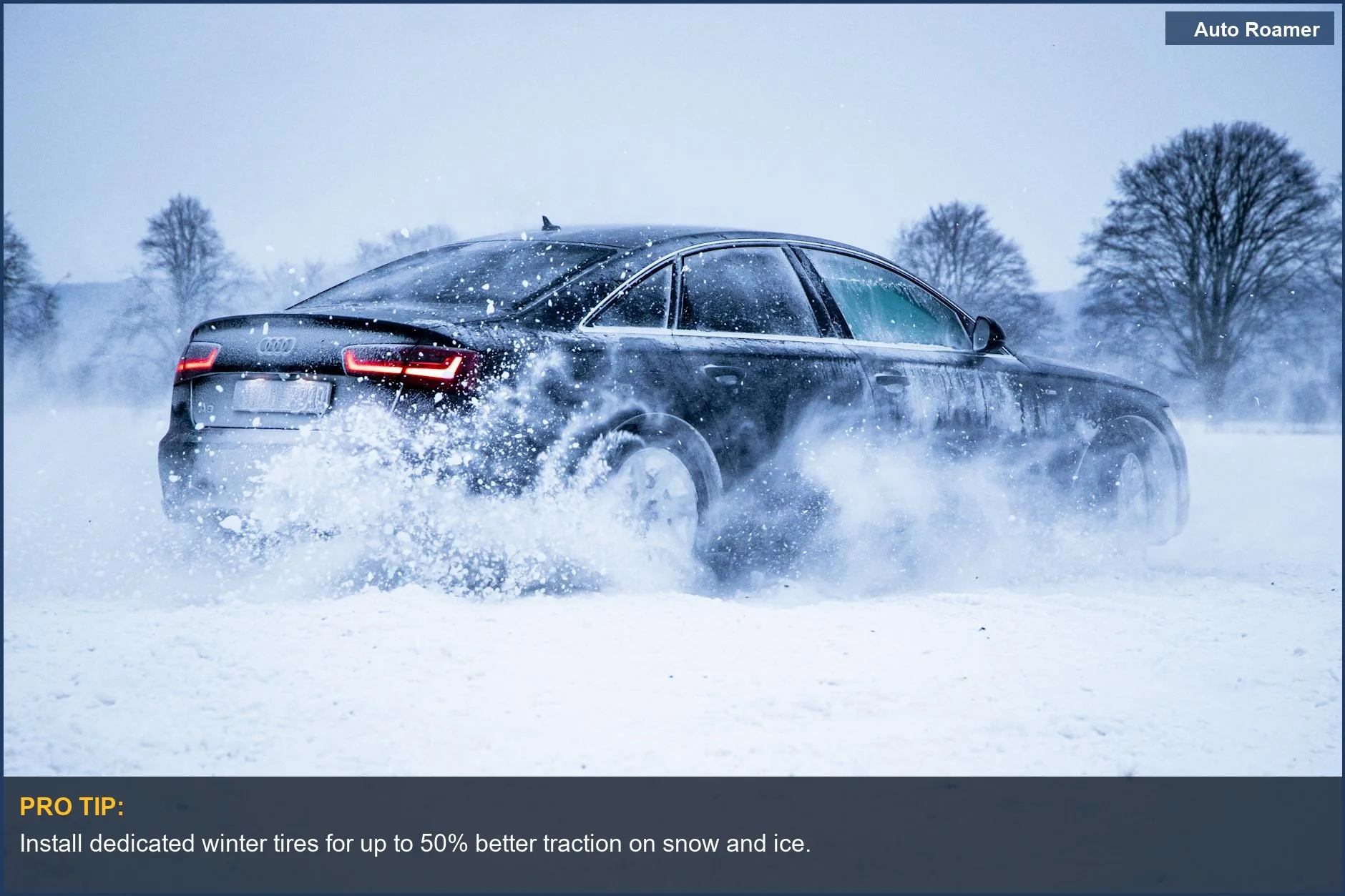 Black car driving through heavy snow, demonstrating winter driving preparedness for icy roads.