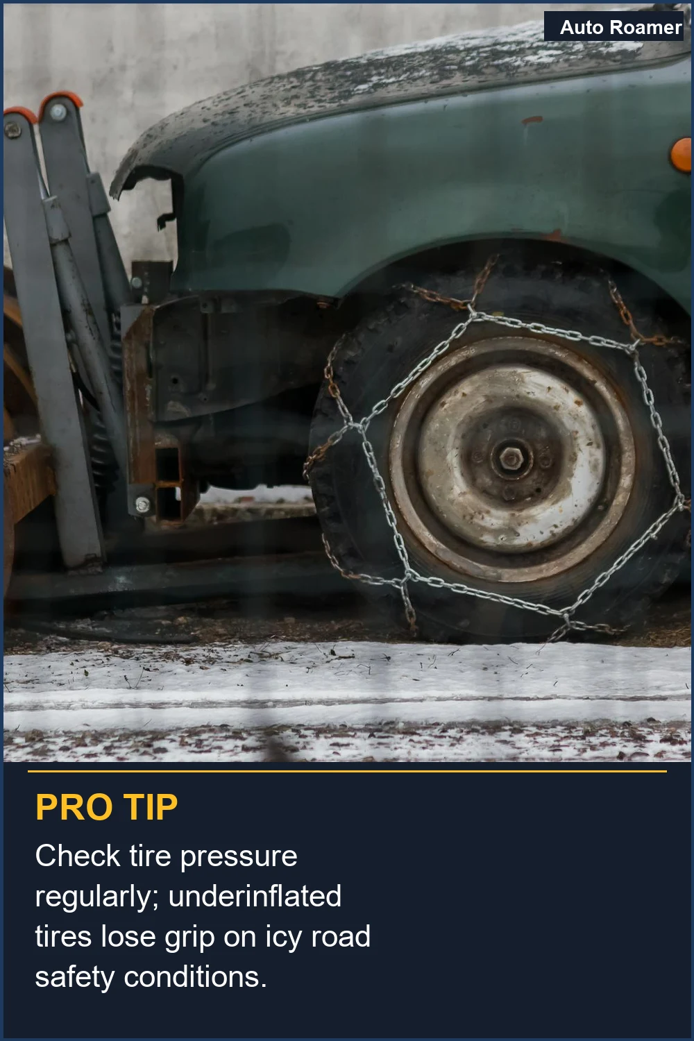 Check tire pressure regularly; underinflated tires lose grip on icy road safety conditions.