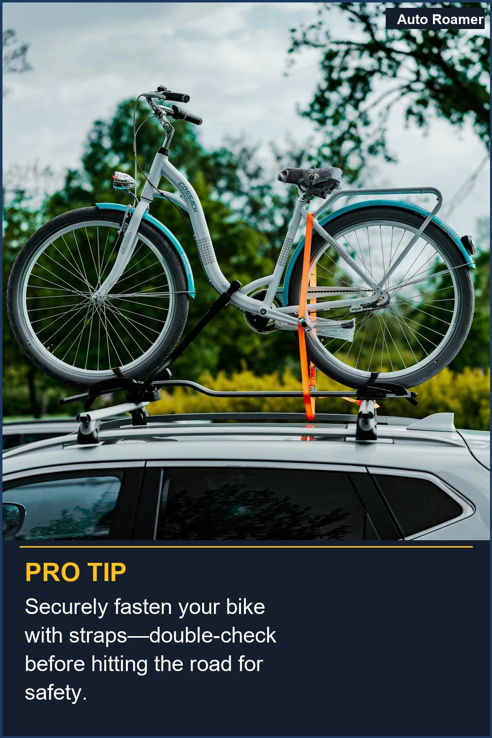 Securely fasten your bike with straps--double-check before hitting the road for safety.