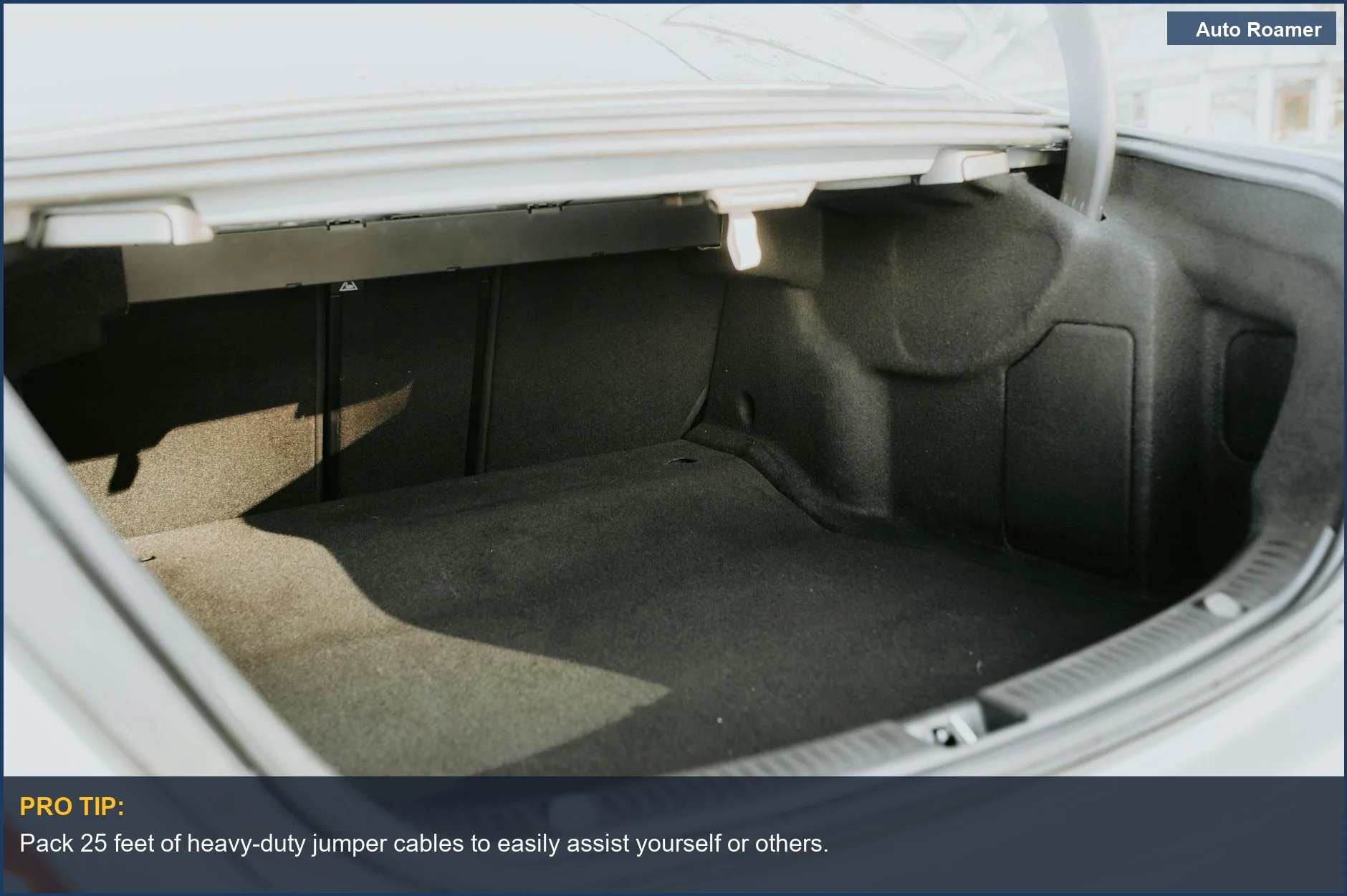 Empty car trunk with ample space, perfect for packing essential road trip safety supplies.