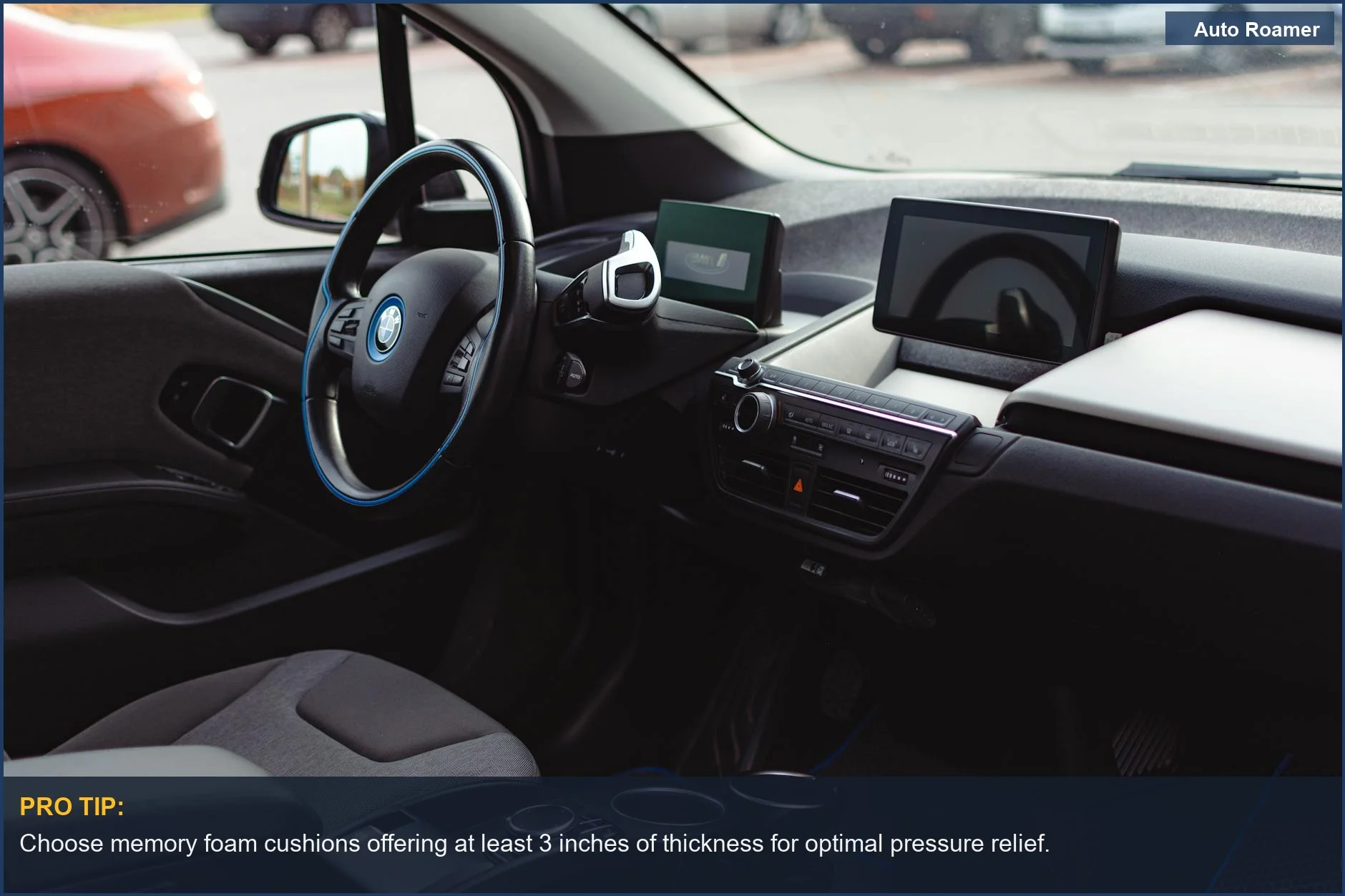 Luxurious BMW interior with advanced dashboard, ideal for car seat cushions for back pain.