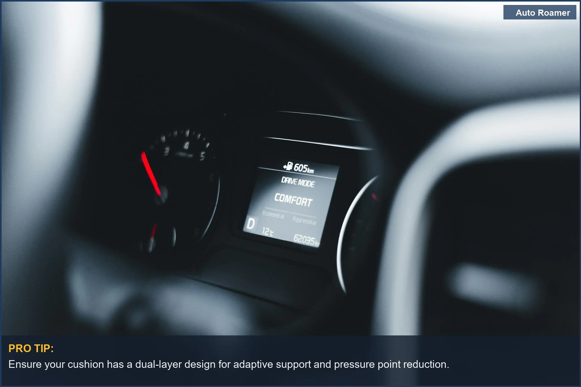 Close-up of car dashboard showing comfort drive mode, highlighting the need for back pain relief.