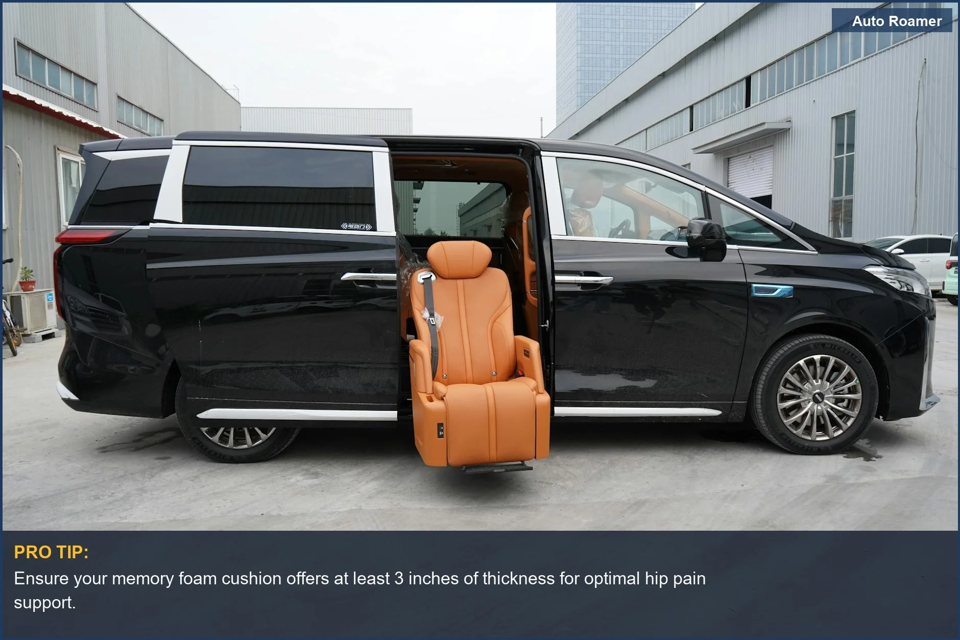 Luxury minivan swivel seat providing easy access for comfortable travel with hip pain relief.