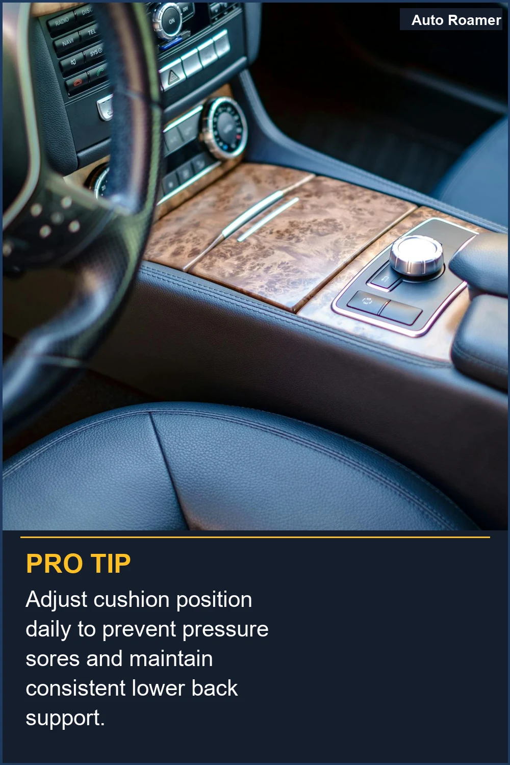 Adjust cushion position daily to prevent pressure sores and maintain consistent lower back support.