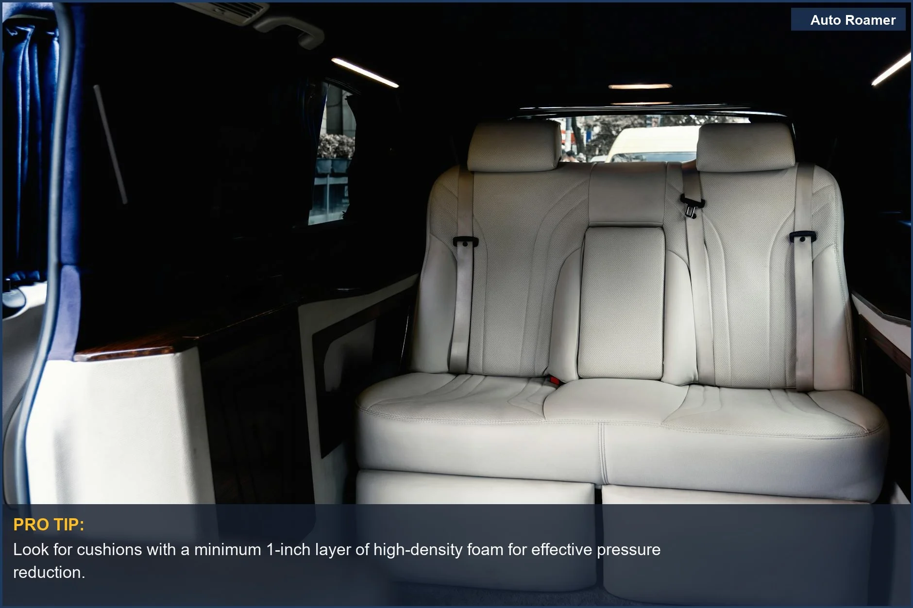 Spacious car interior with plush seats, ideal for budget-friendly sciatica relief on short trips.