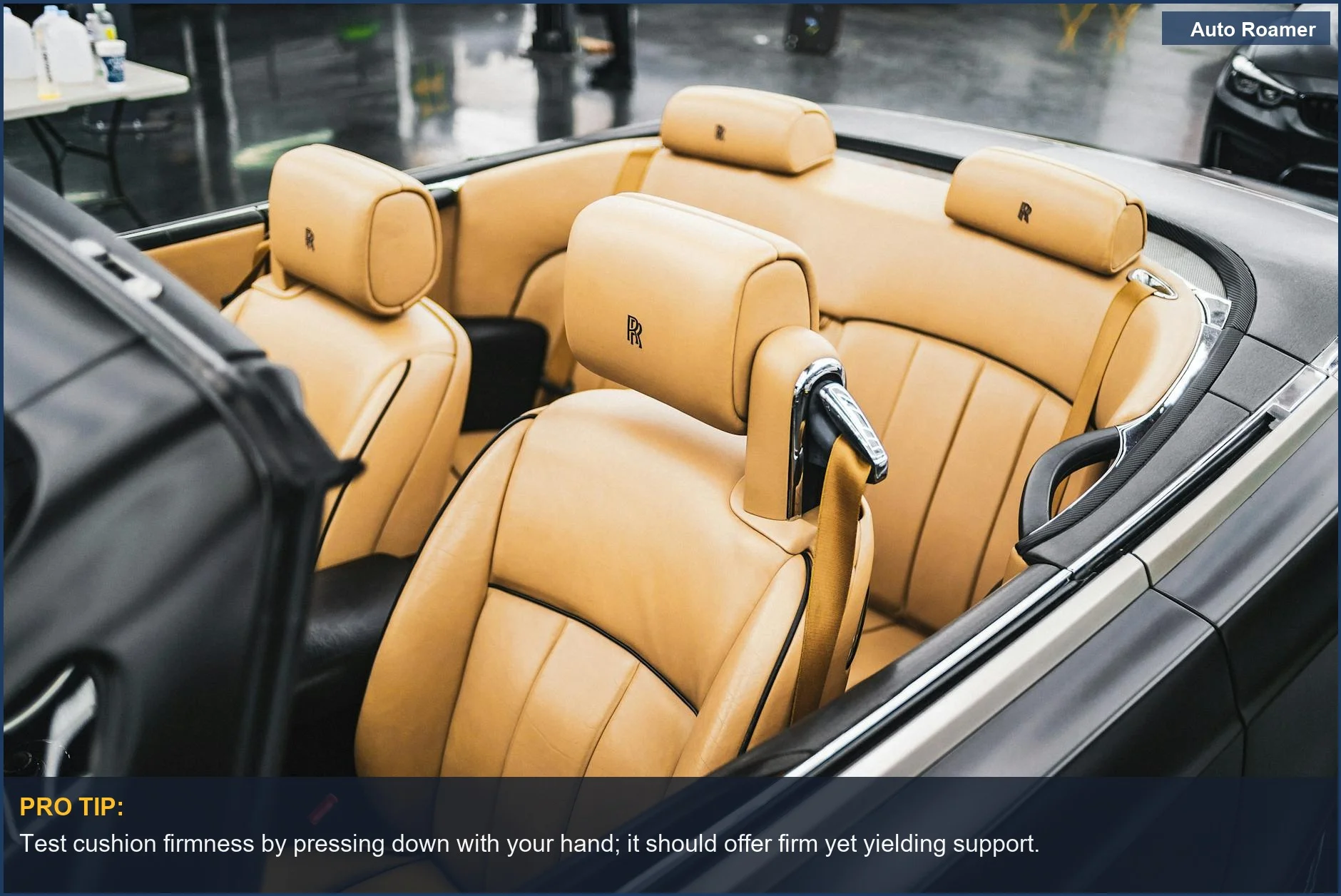 Luxurious tan leather car seat cushion offers exceptional sciatica support and driving comfort.