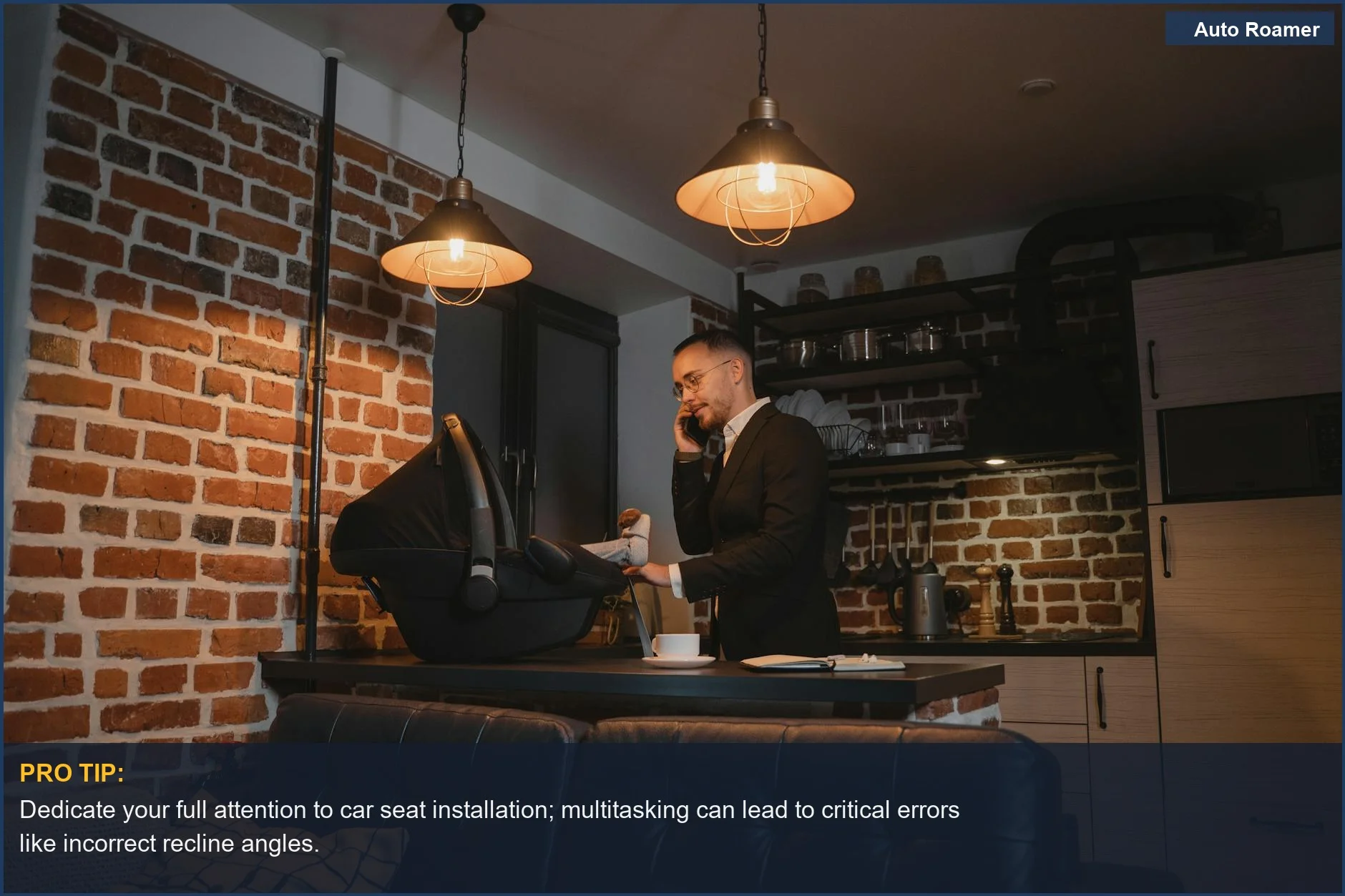 Businessman on phone near a baby car seat, demonstrating multitasking and car seat wrong installation risks.