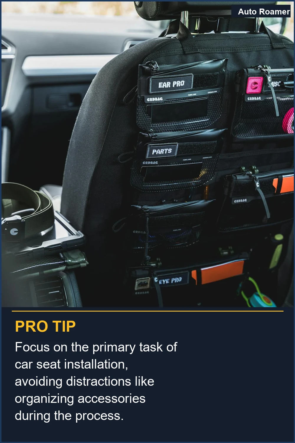 Focus on the primary task of car seat installation, avoiding distractions like organizing accessories during the process.