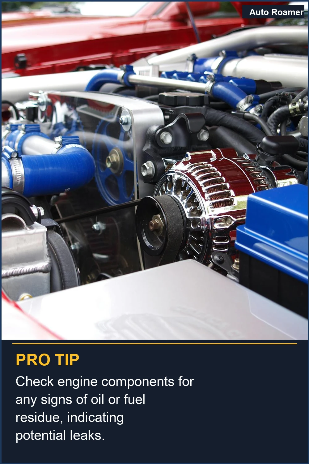 Check engine components for any signs of oil or fuel residue, indicating potential leaks.