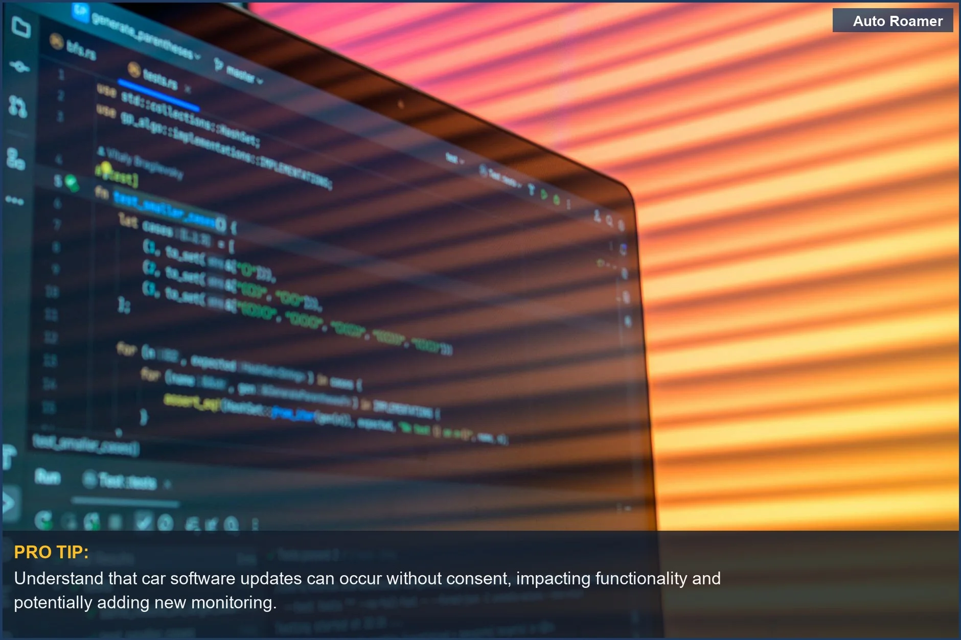 Artistic close-up of computer code on a screen, symbolizing the complex nature of car software and OTA updates.