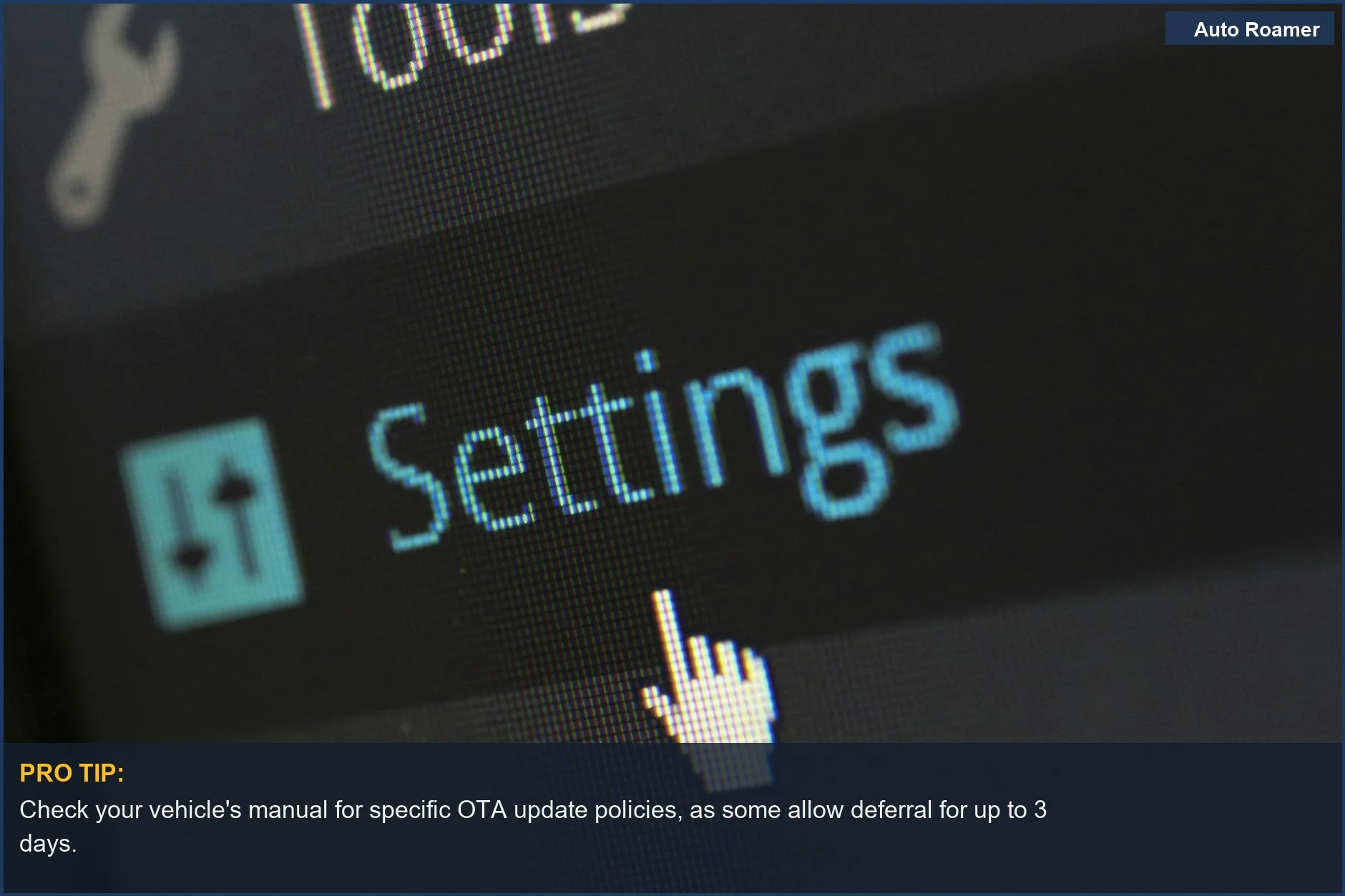 Cursor hovering over a settings button on a computer screen, representing user control over car software updates.