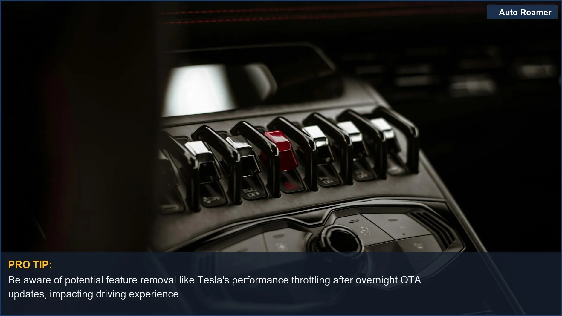 Close-up of a luxury car dashboard with switches and controls, showing how features can be altered by remote updates.