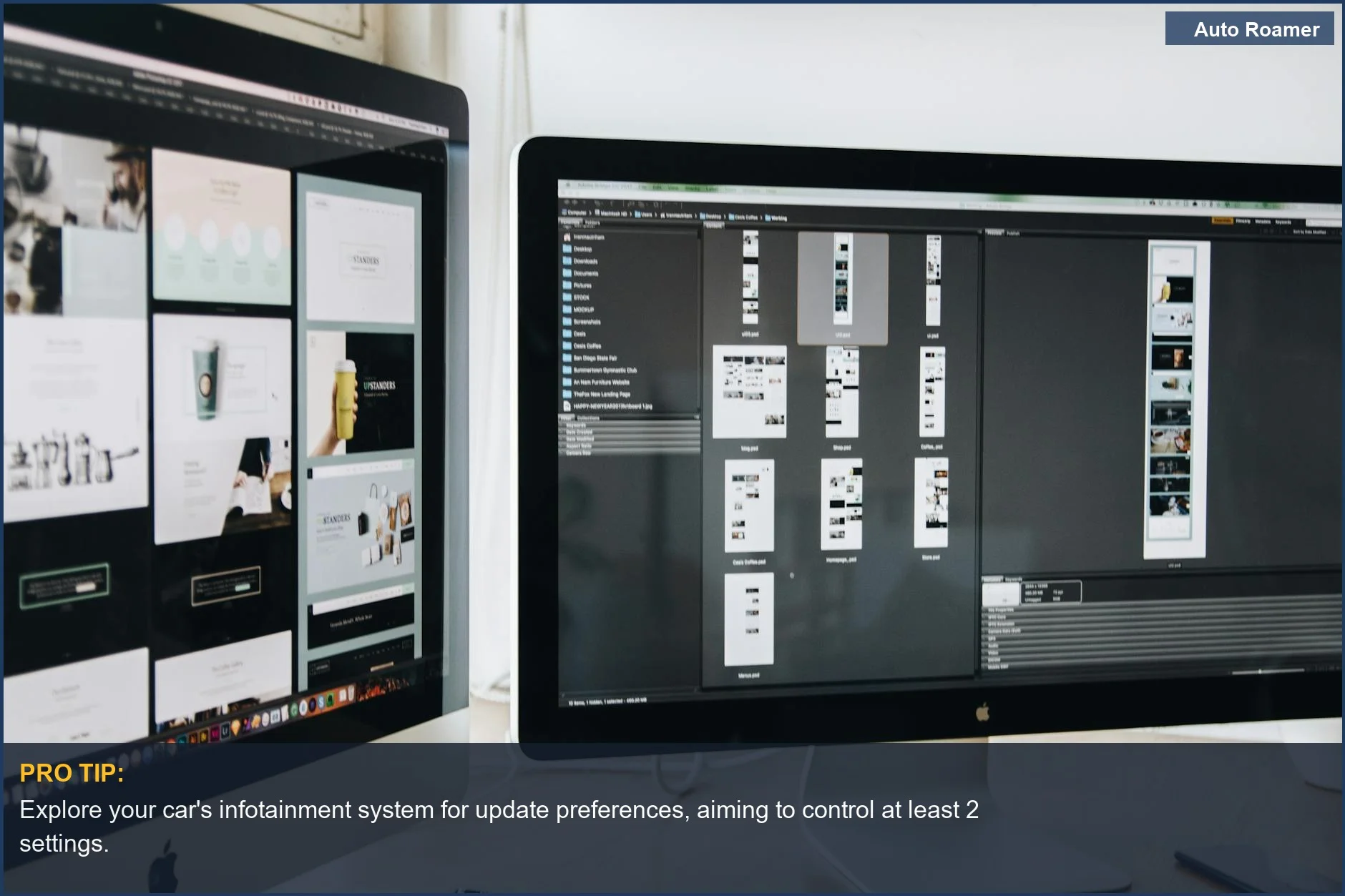 Modern dual computer monitors displaying web design projects, illustrating remote car software changes and OTA updates.