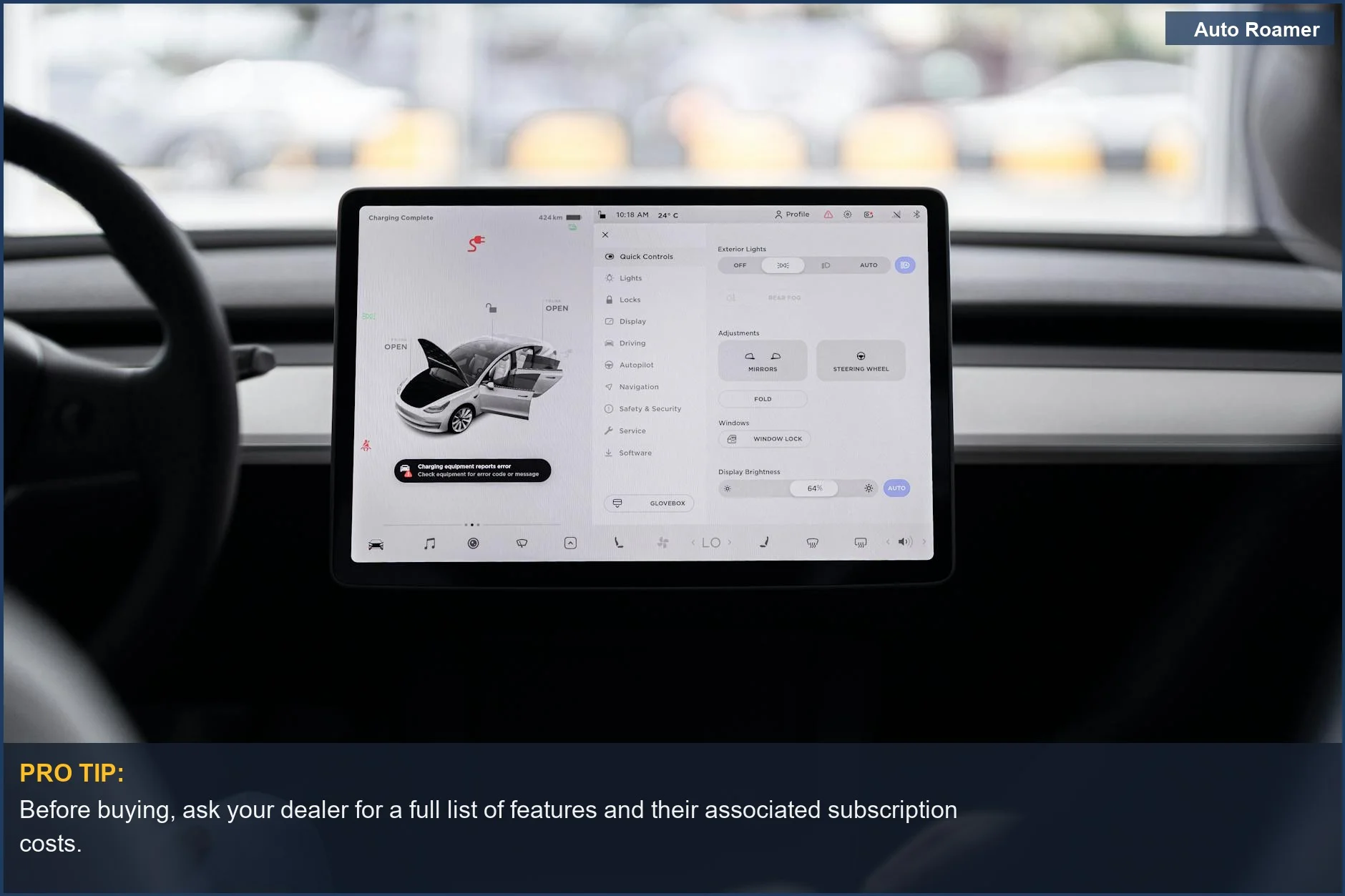 Close-up of a car's digital dashboard display panel with various control options, signaling car feature subscription options.