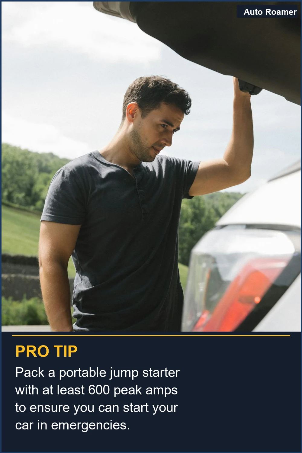 Pack a portable jump starter with at least 600 peak amps to ensure you can start your car in emergencies.